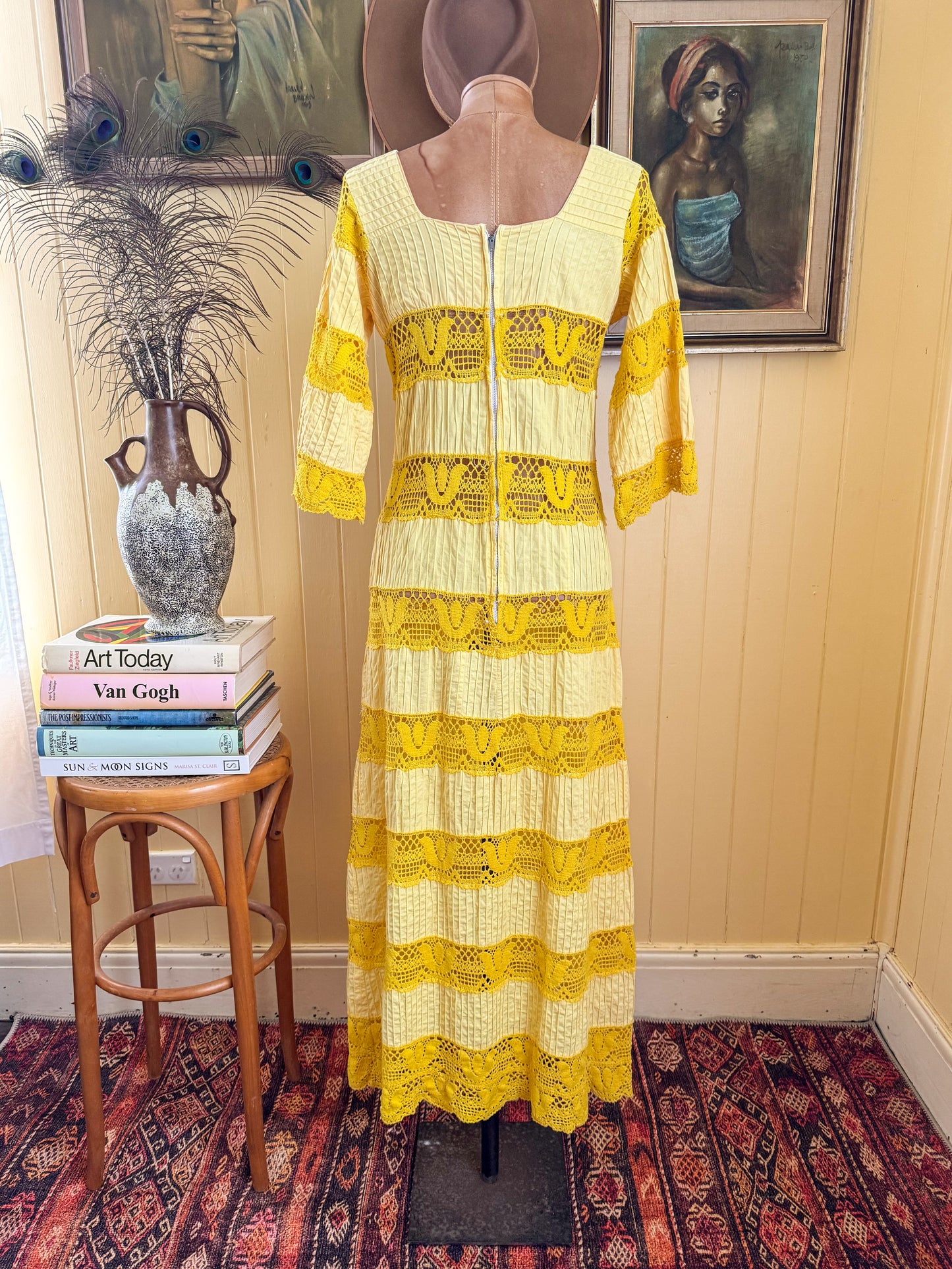 VINTAGE 1970S MEXICAN PINTUCK YELLOW COTTON CROCHET MAXI DRESS S