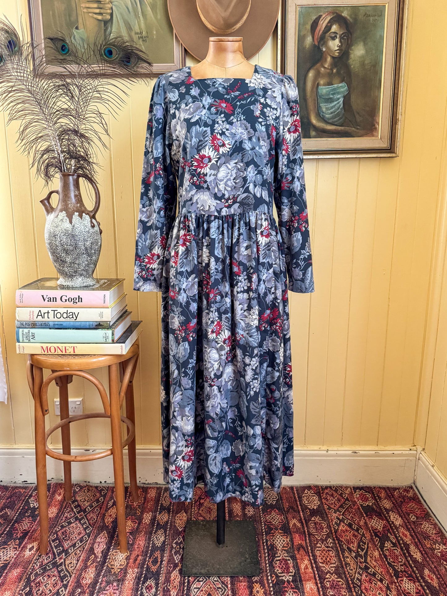 VINTAGE 1980S AUSTRALIAN LAURA ASHLEY COTTON FLORAL PRINT PRAIRIE DRESS S/M