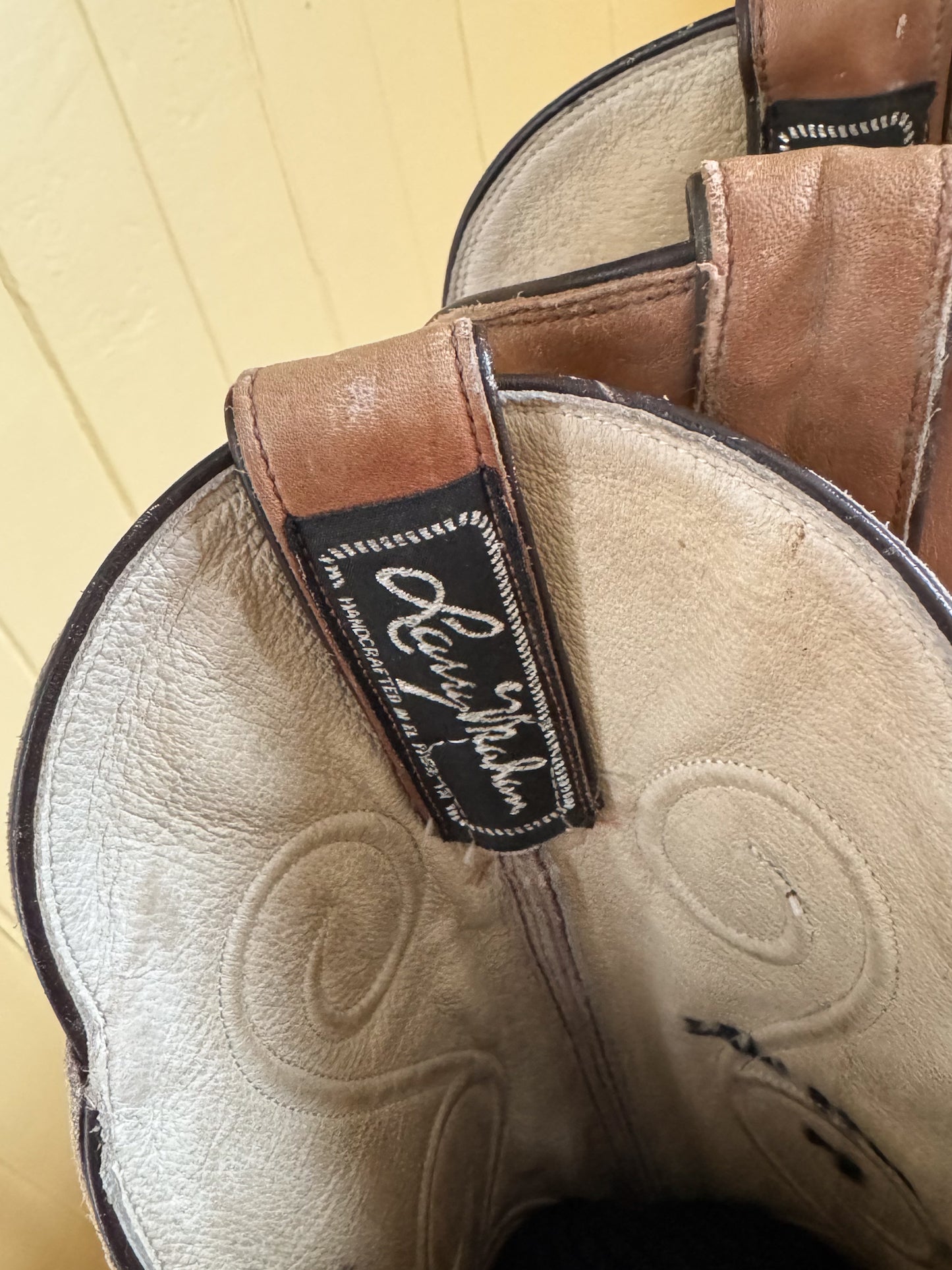 VINTAGE LARRY MAHAN TEXAS EMBROIDERED LEATHER TALL WESTERN CUBAN HEEL BOOTS 7/38