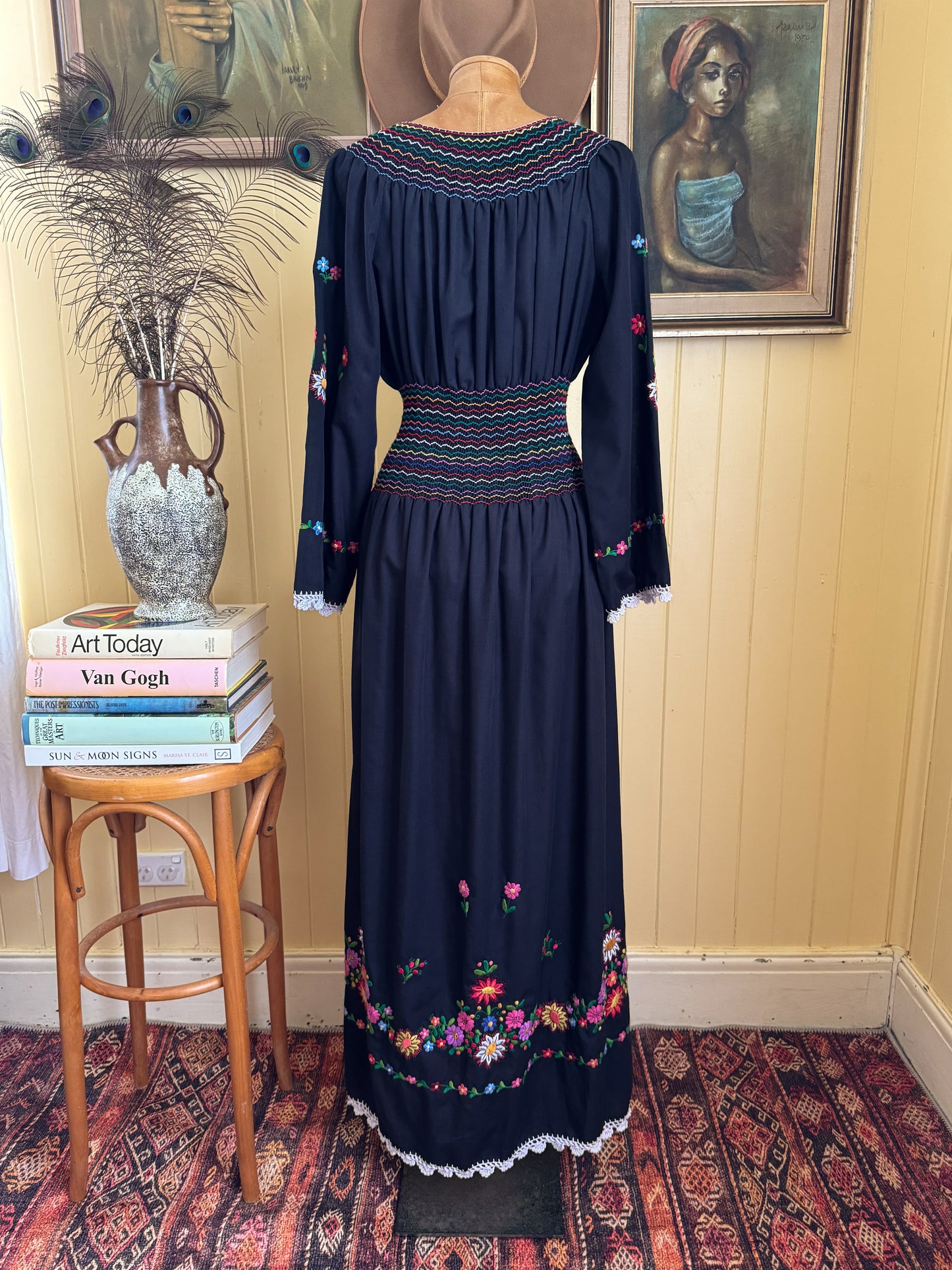 VINTAGE 1990S HUNGARIAN COTTON BLEND EMBROIDERED PEASANT MAXI DRESS S/M
