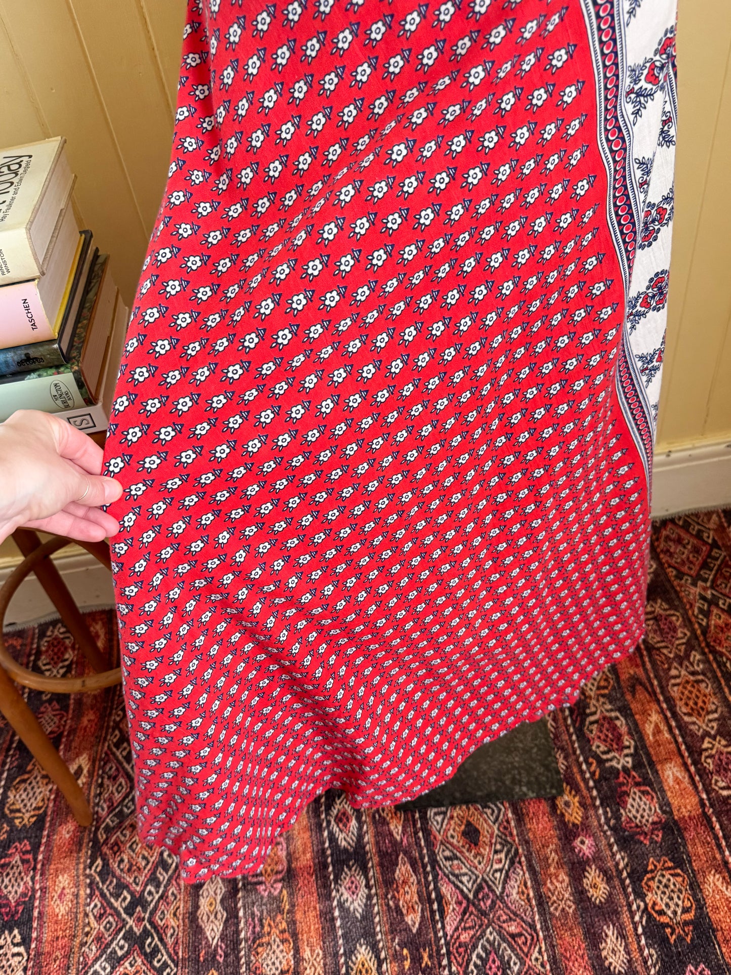 VINTAGE 1970S PAKISTANI RED COTTON BLOCK PRINT WRAP MAXI SKIRT S/M