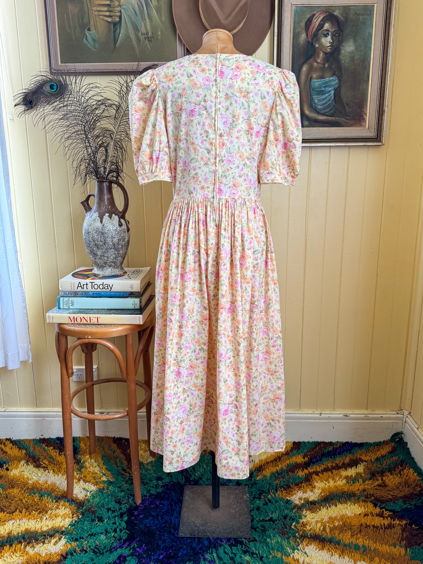 VINTAGE 1990S LAURA ASHLEY COTTON FLORAL PRINT PRAIRIE DRESS M/L