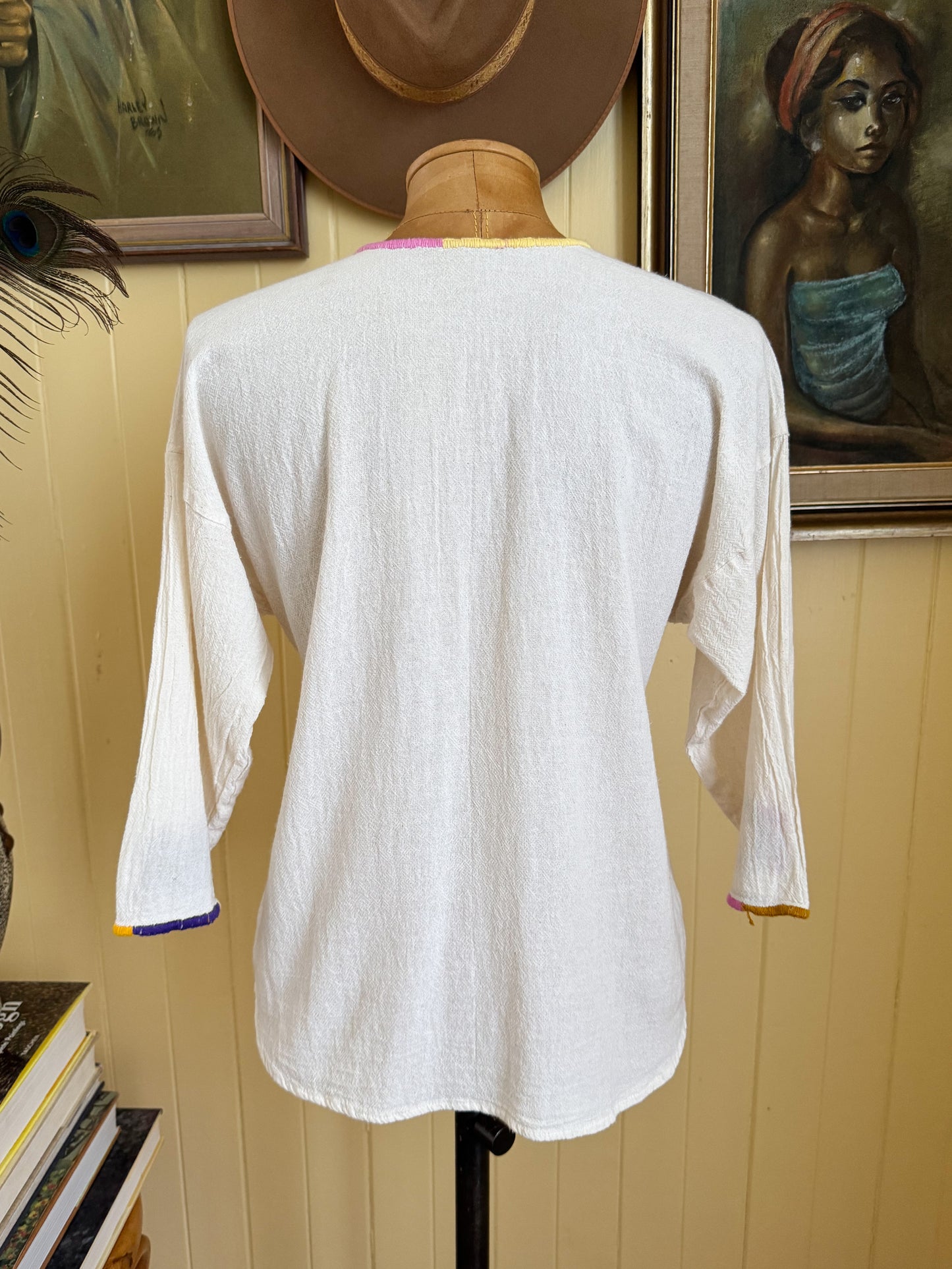 VINTAGE MEXICAN COTTON EMBROIDERED LONG SLEEVE FOLK BLOUSE S