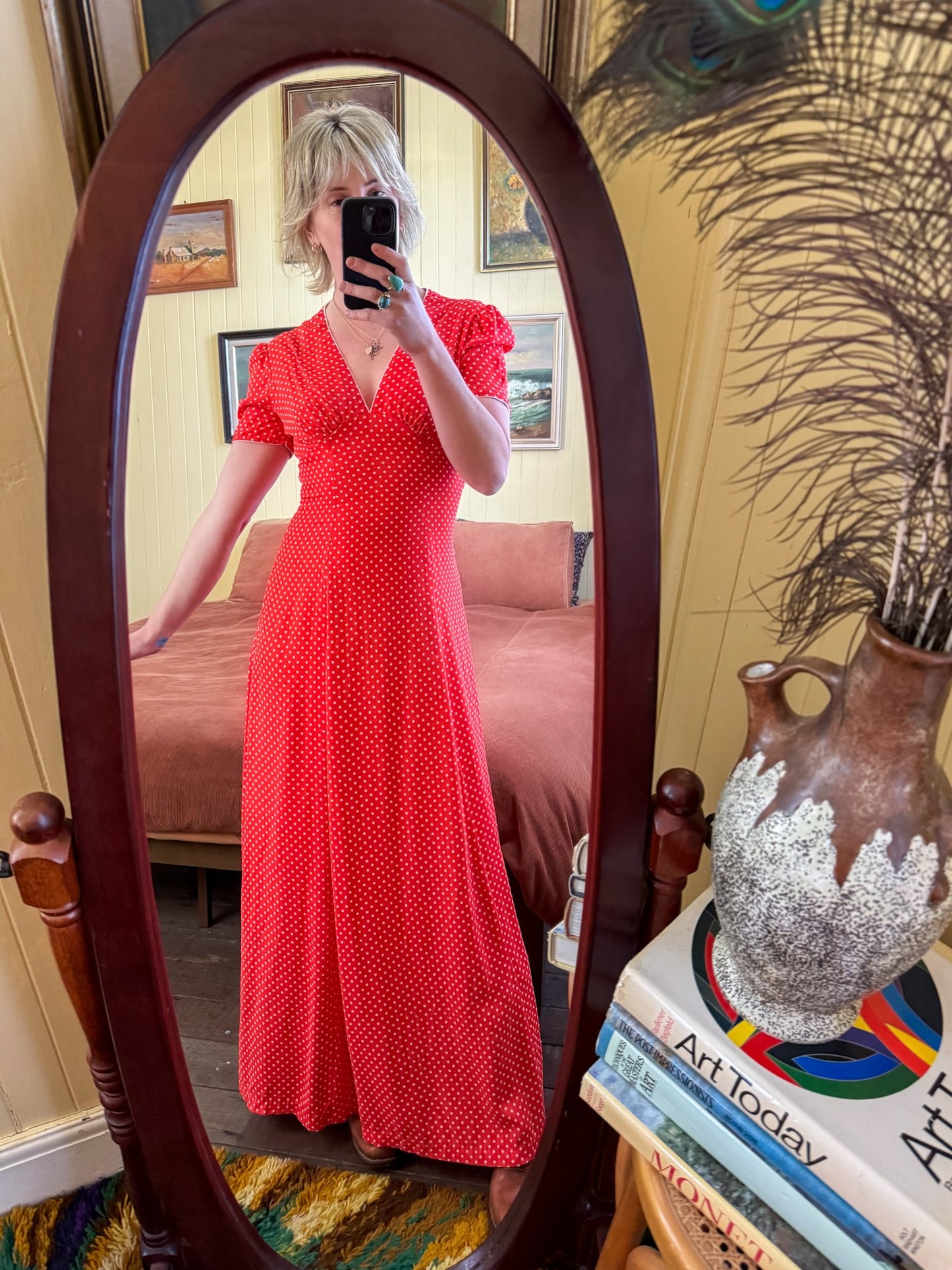VINTAGE 1970S I-SPY POLY RED POLKA DOT PRINT MAXI DRESS S