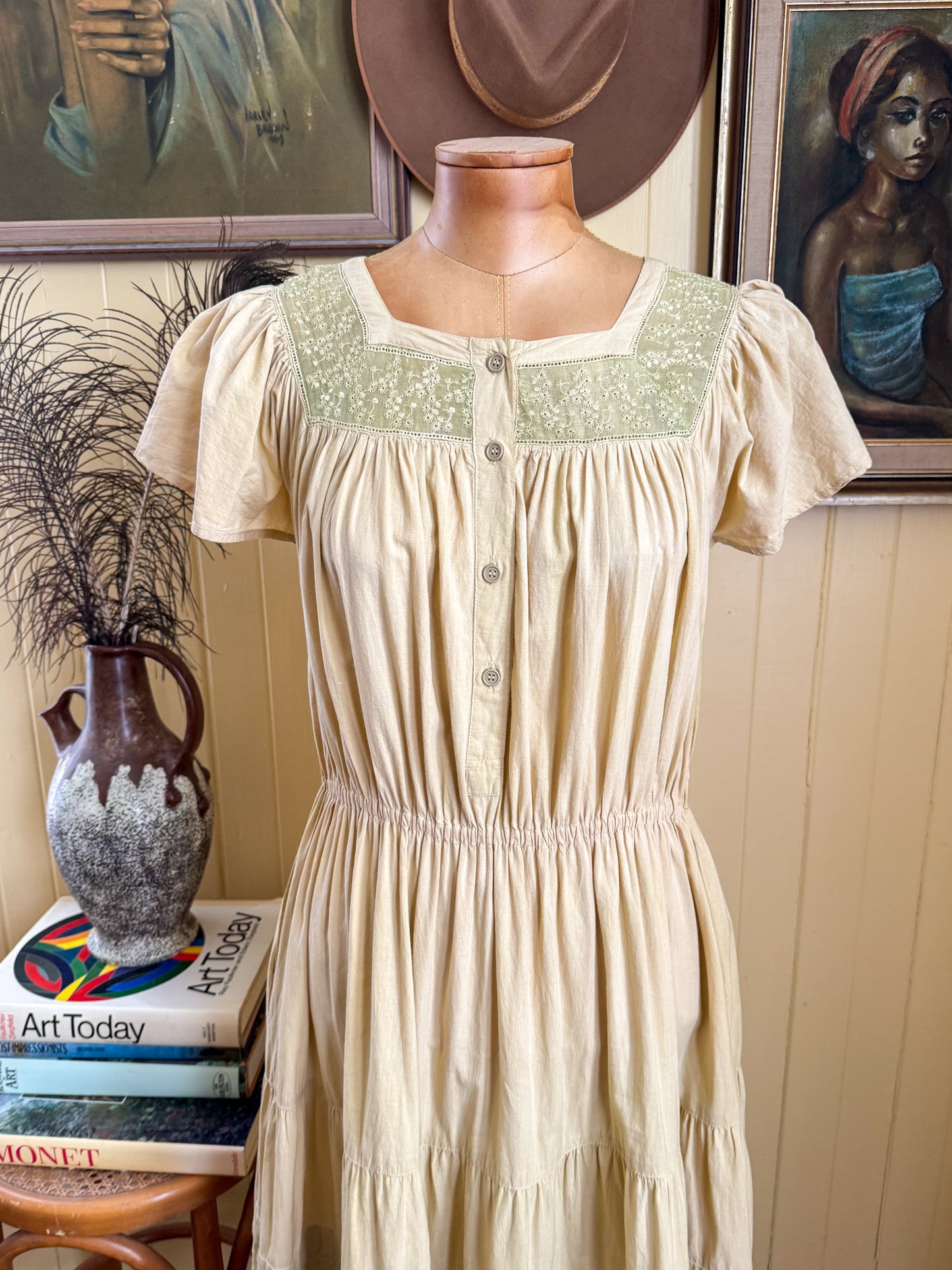 VINTAGE 1970S INDIAN COTTON LACE INSERT MIDI BUTTON DRESS S/M
