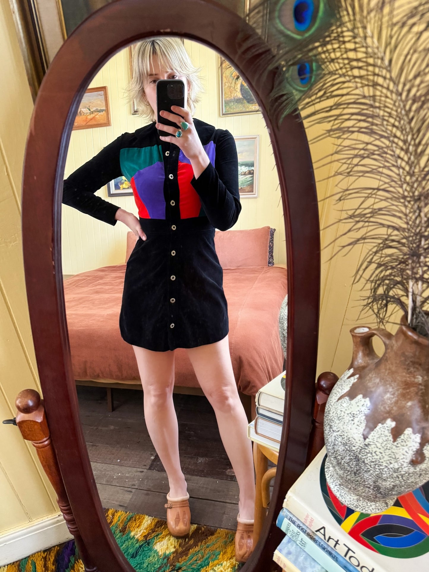 VINTAGE 1970S EMMA COTTON VELVET COLOUR BLOCK MINI DRESS S