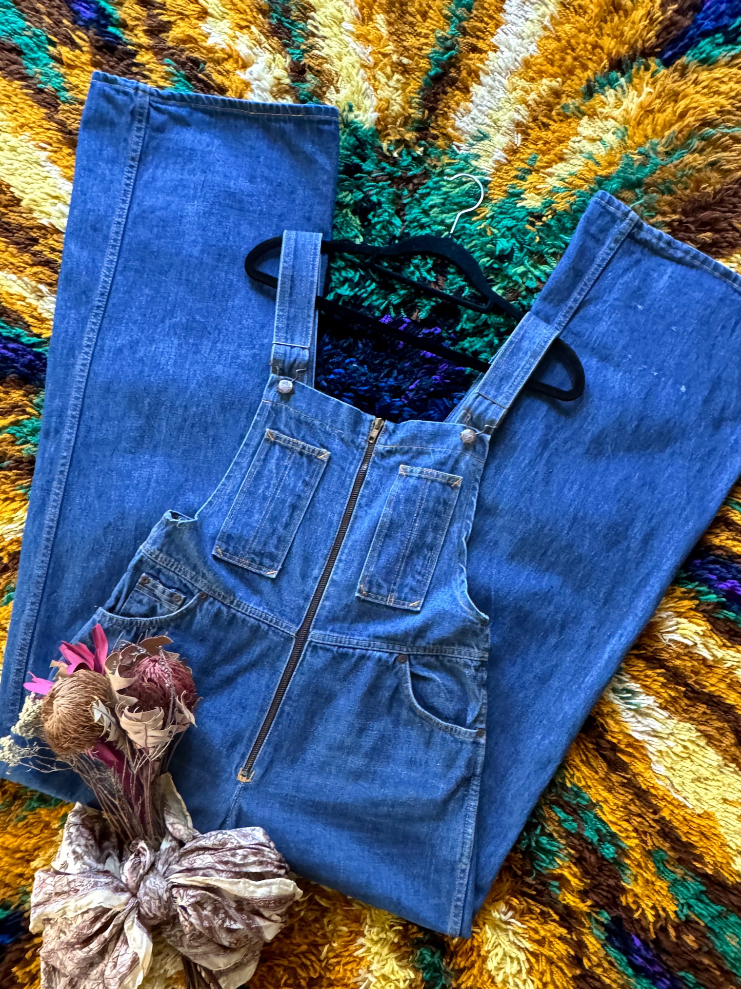 VINTAGE 1970S HASH COTTON DENIM WIDE LEG DUNGAREES OVERALLS M