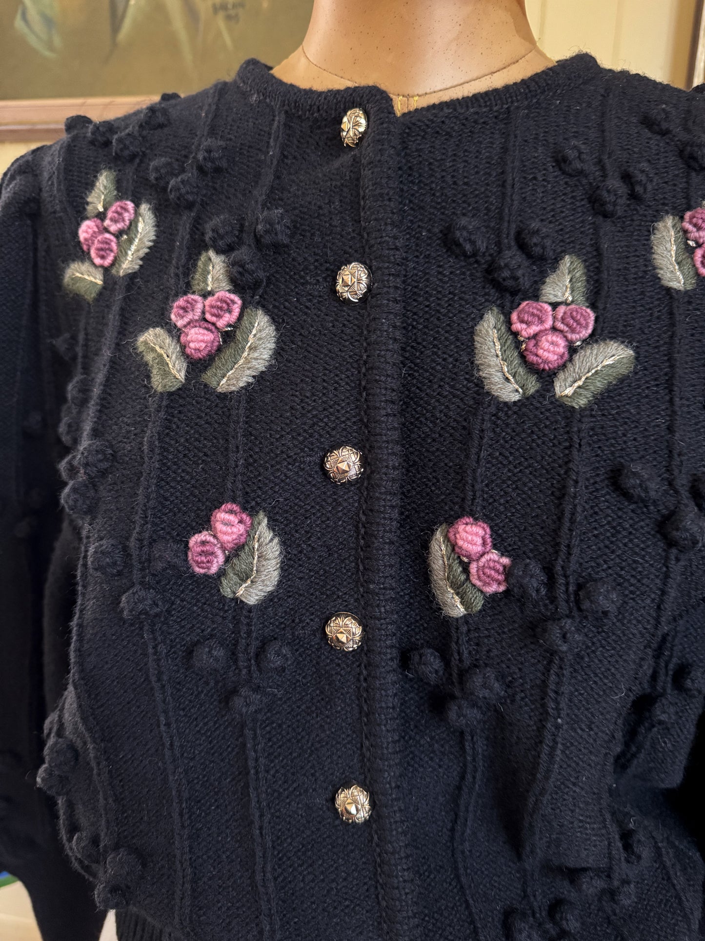 VINTAGE GERMAN WOOLLEN KNIT EMBROIDERED BOBBLE CARDIGAN JUMPER M