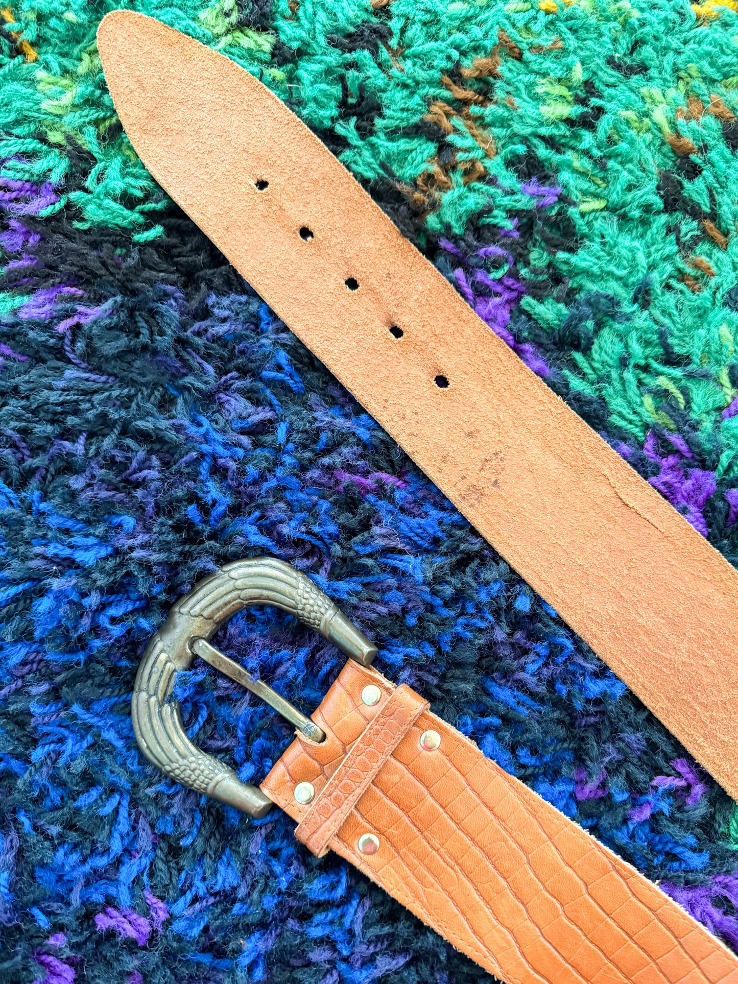 VINTAGE 1980S TAN WIDE LEATHER CROC EFFECT WAIST BELT M