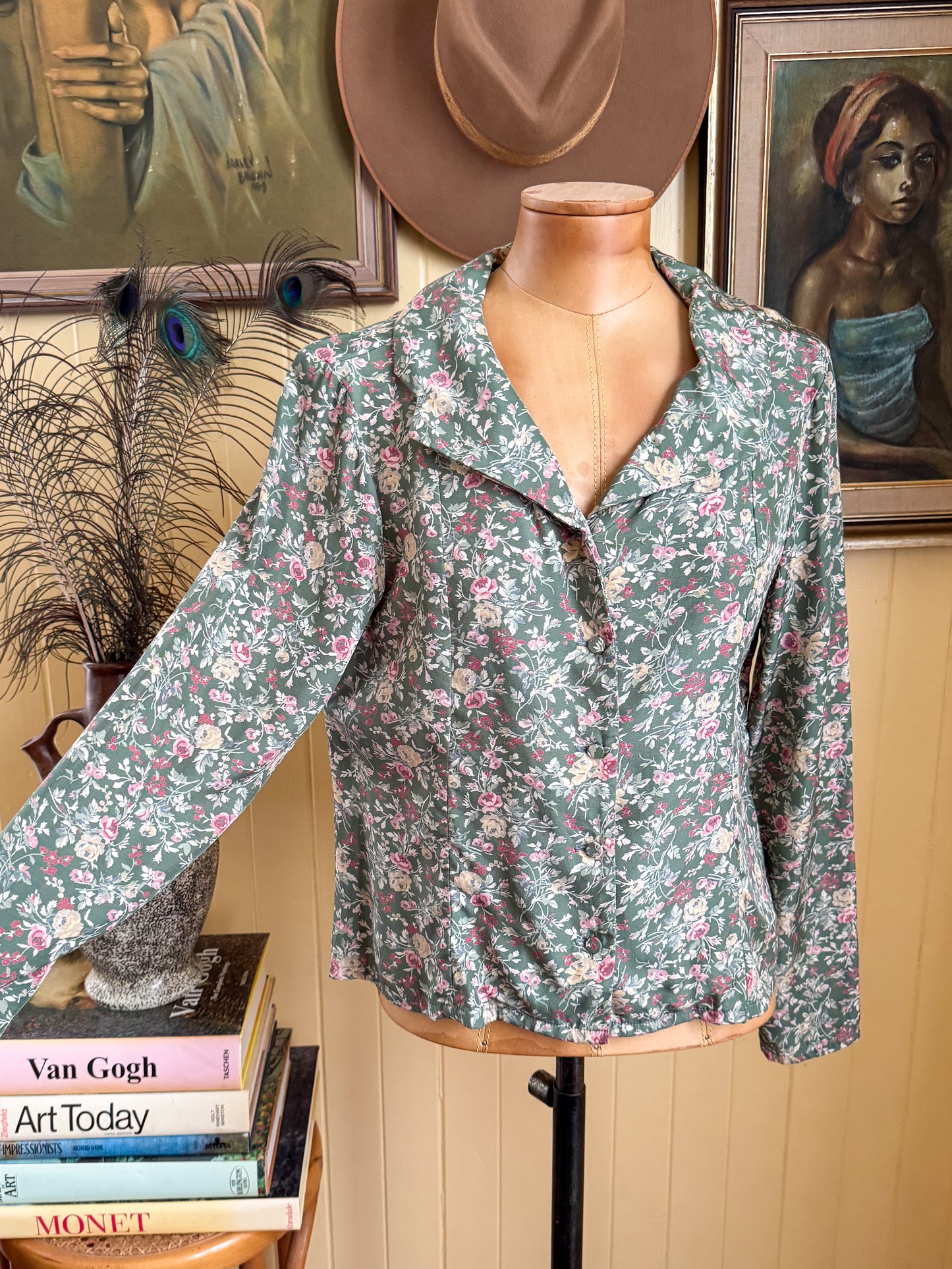 VINTAGE 1990S AUSTRALIAN LAURA ASHLEY VISCOSE BUTTON THROUGH FLORAL PRINT BLOUSE S/M