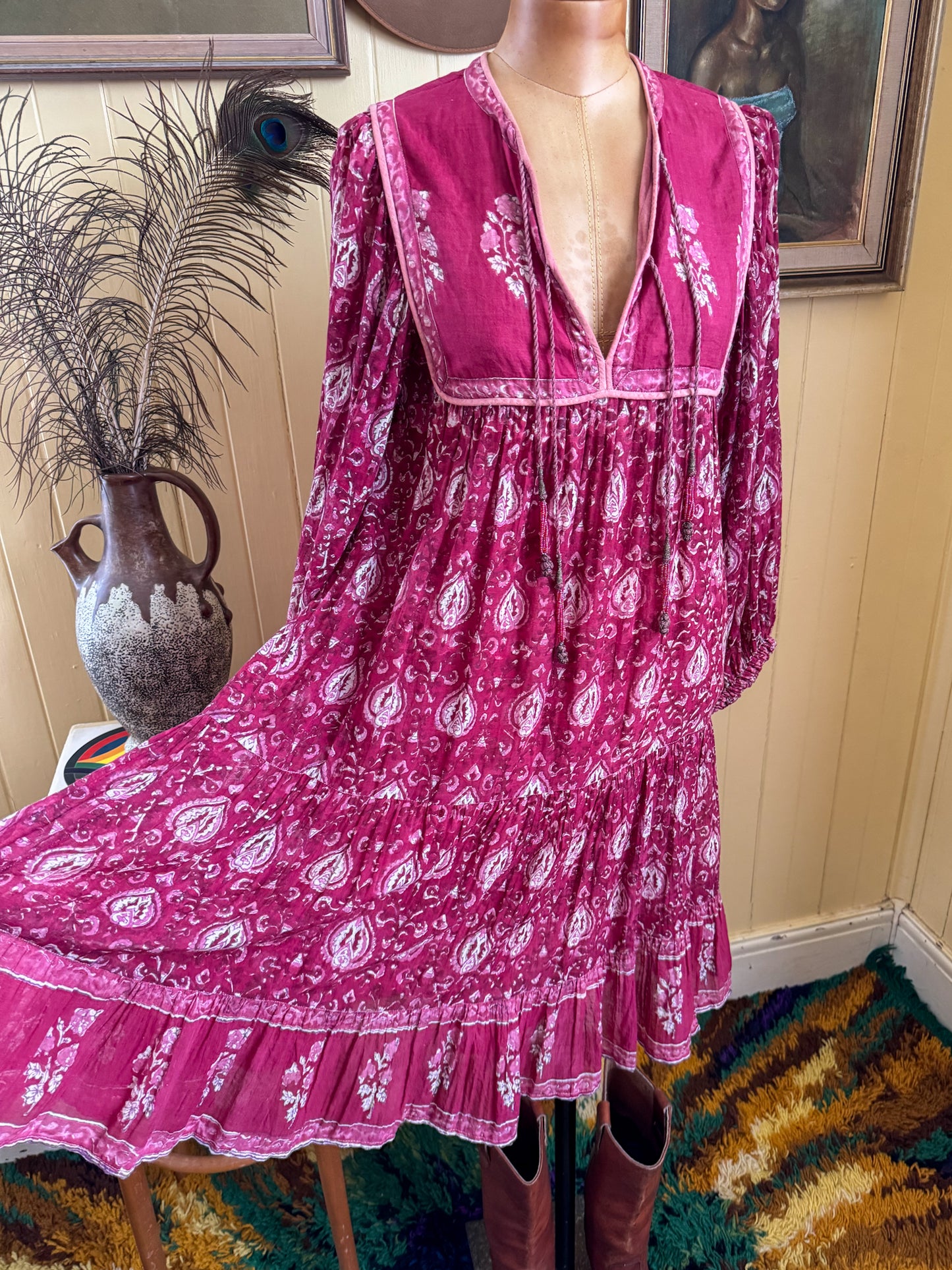 VINTAGE 1970S RARE ADINI INDIAN COTTON GAUZE MIDI DRESS S