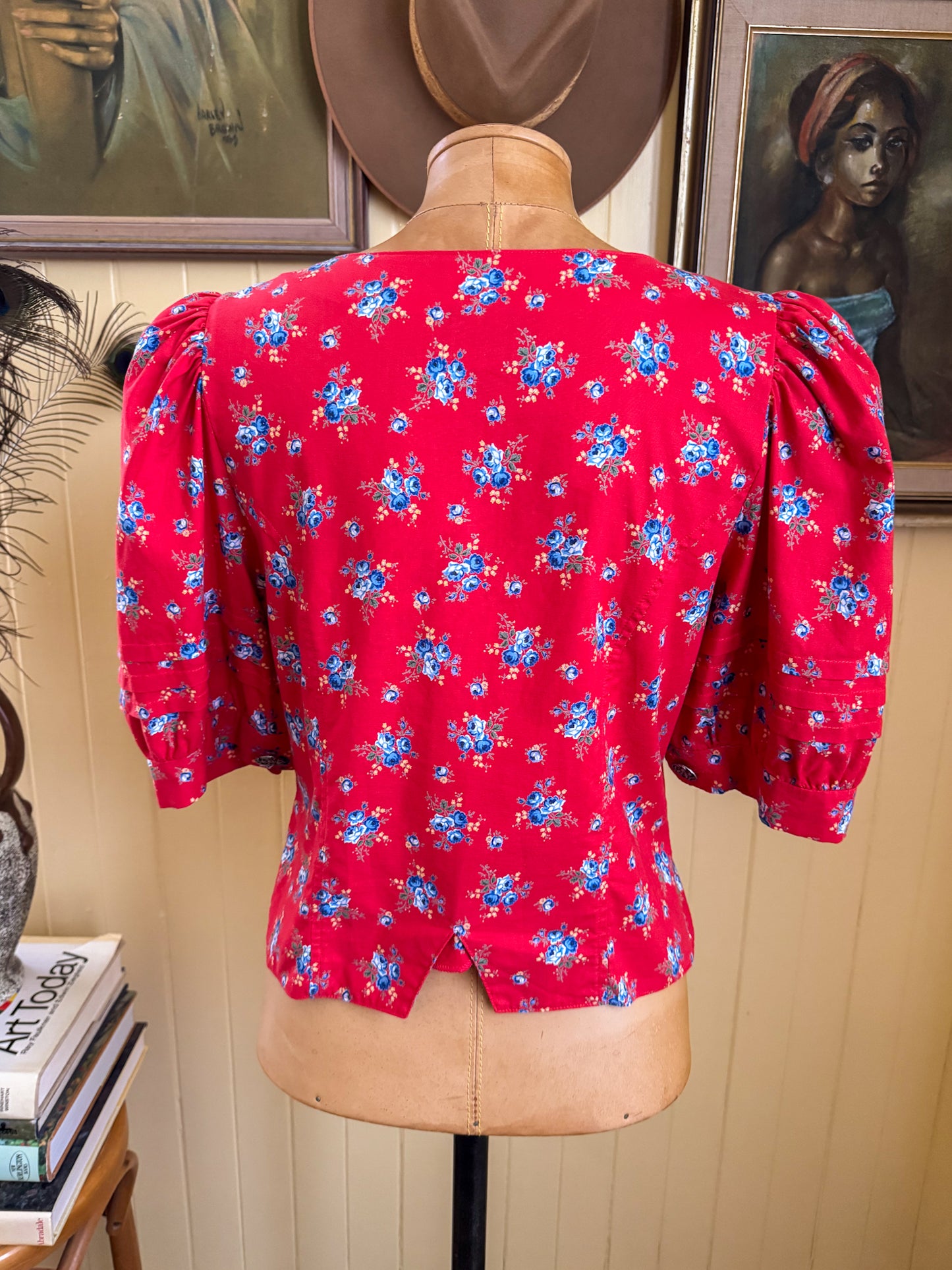 VINTAGE 1980S AUSTRIAN PFISTER COTTON FLORAL PRINT BLOUSE S/M