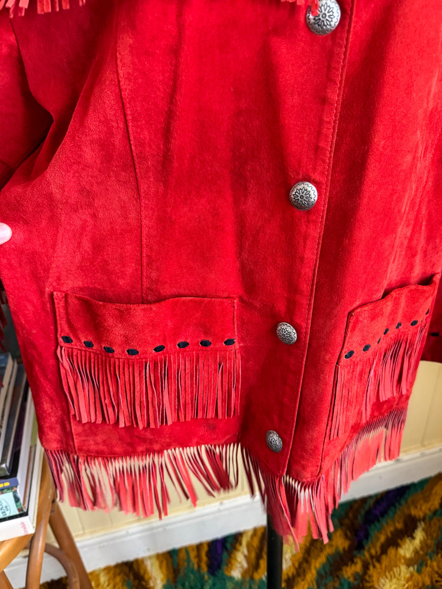 VINTAGE RARE CHAR SANTA FE RED SUEDE FRINGED EMBROIDERED WESTERN JACKET M