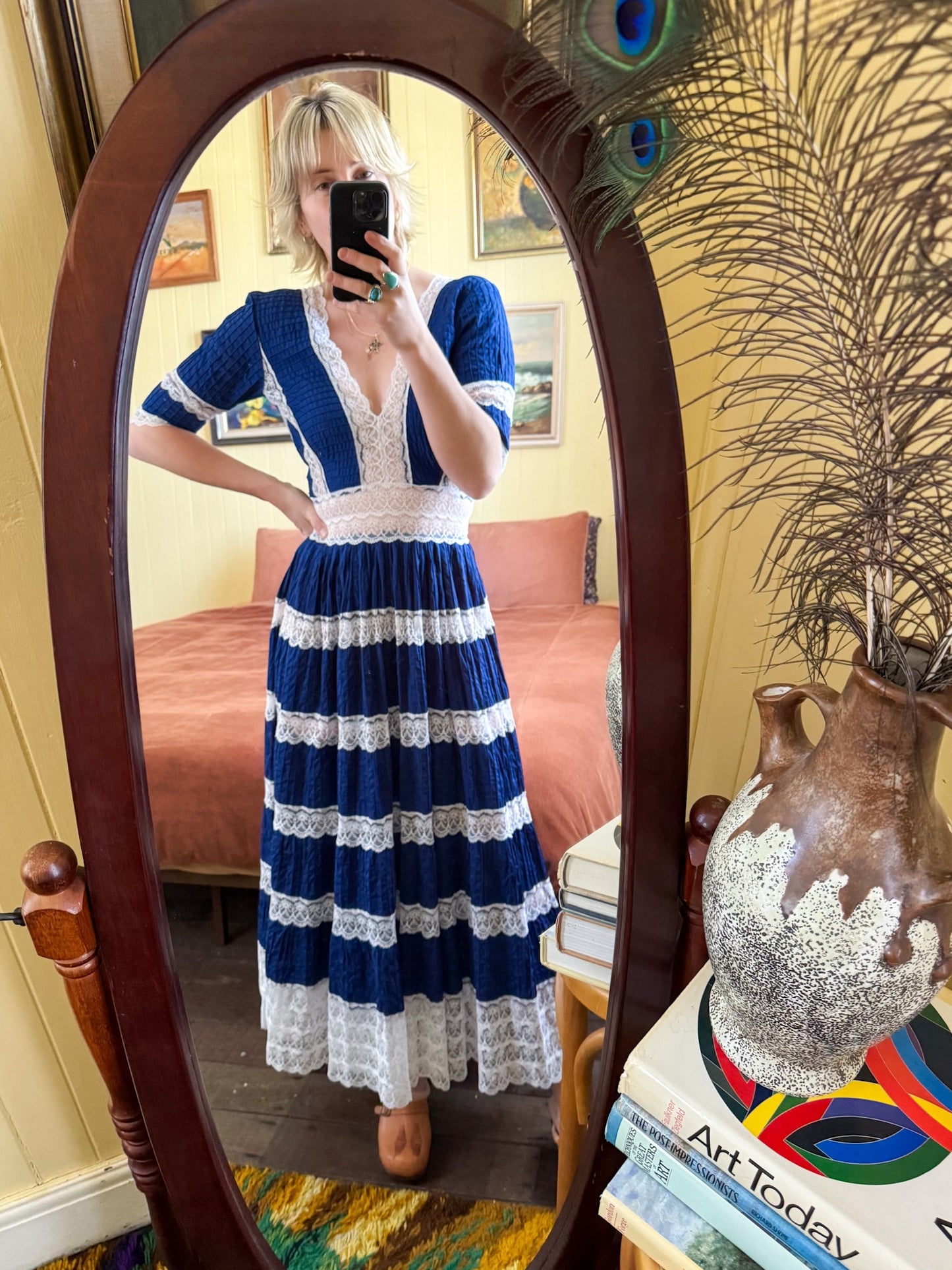 VINTAGE 1970S MEXICAN COTTON BLEND LACE INSERT MAXI DRESS S