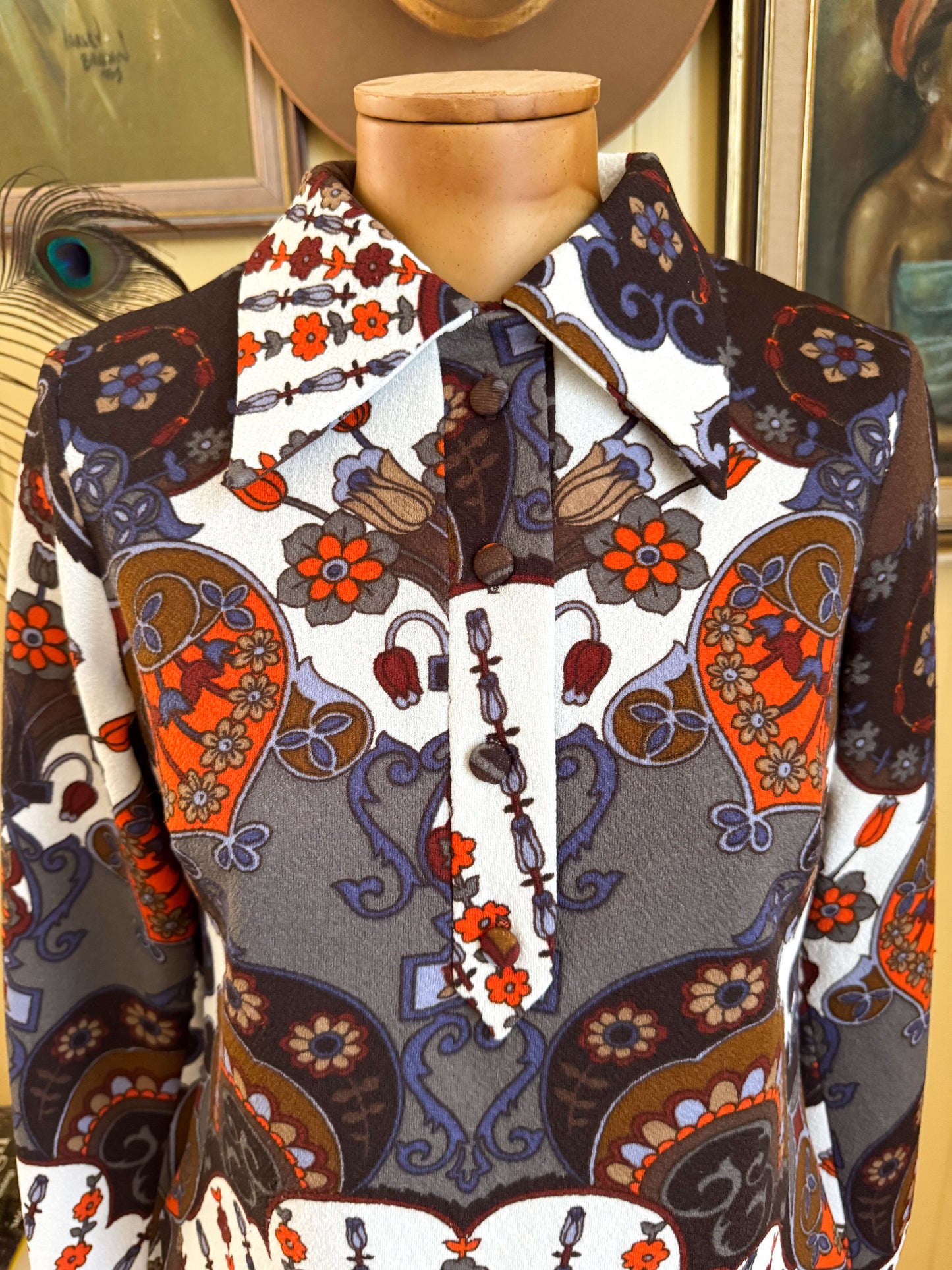 VINTAGE 1970S J BY JAYS POLY PSYCHEDELIC PRINT COLLARED TOP S