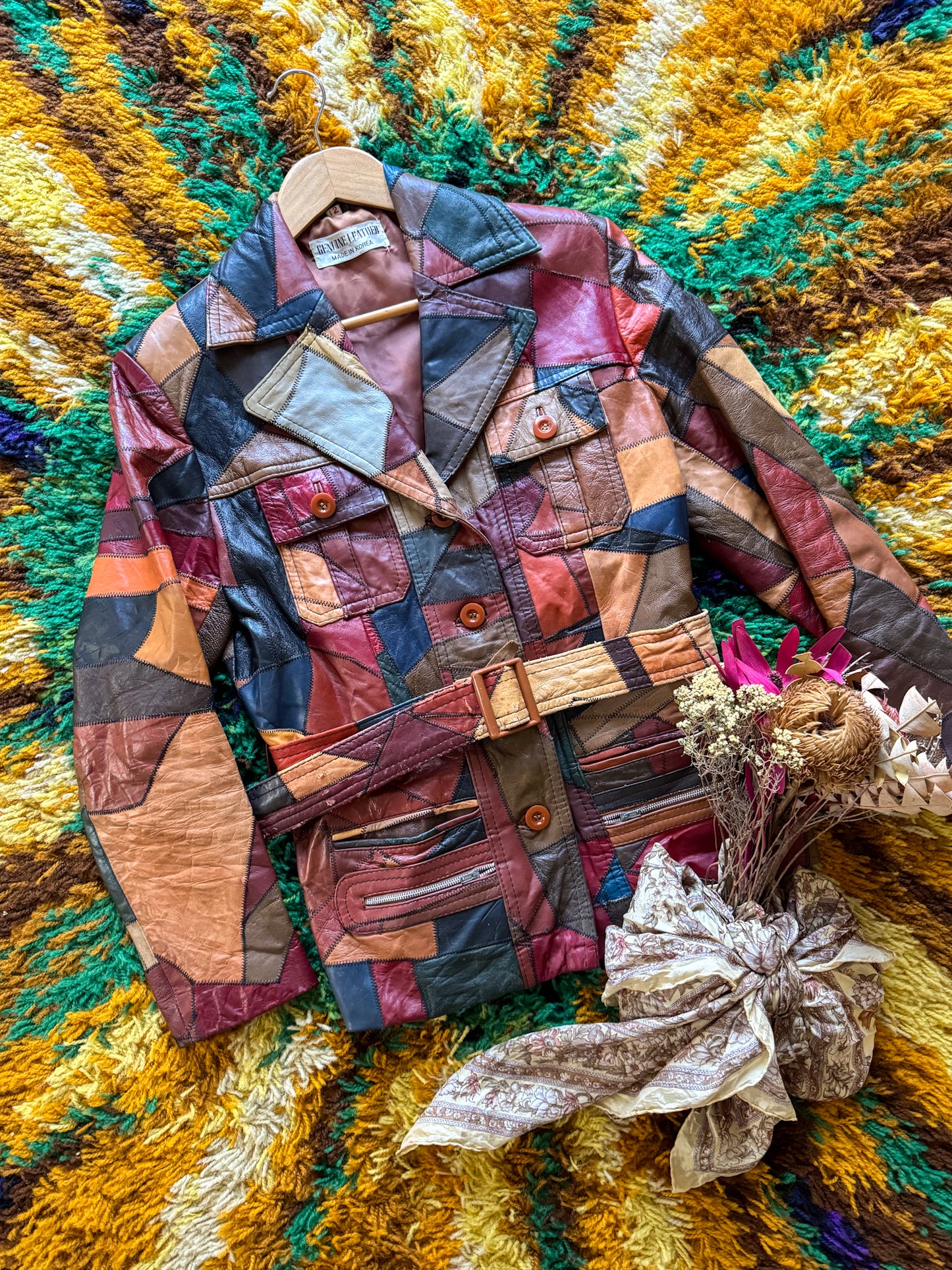 VINTAGE 1970S KOREAN PATCHWORK LEATHER SAFARI BELTED JACKET M
