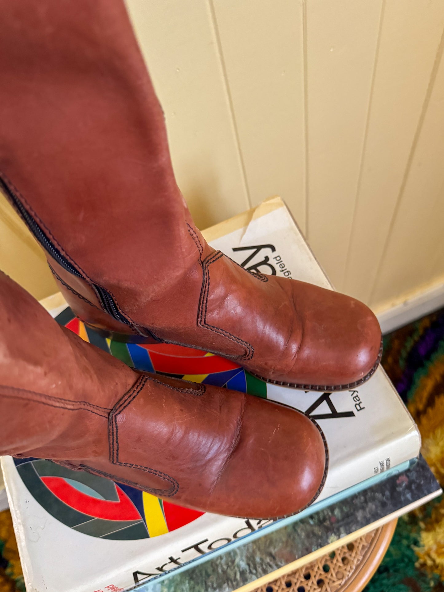VINTAGE BRAZILIAN CAMPUS CHESTNUT LEATHER BLOCK HEEL BOOTS 5-5.5/36