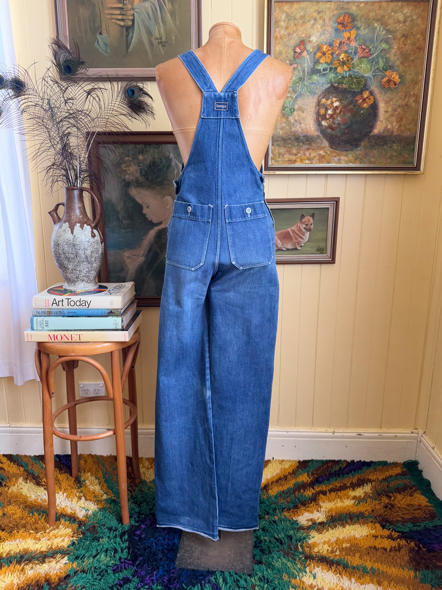 VINTAGE 1970S ENGLISH INEGA COTTON DENIM STRAIGHT LEG DUNGAREES OVERALLS XS
