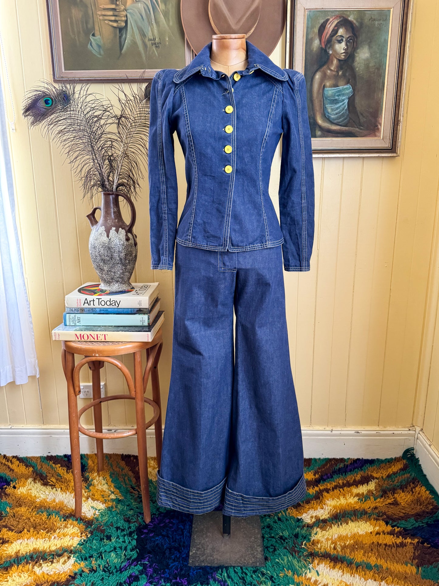 VINTAGE 1970S BILLY PLUNKETT DENIM JACKET AND FLARED JEANS SET XS