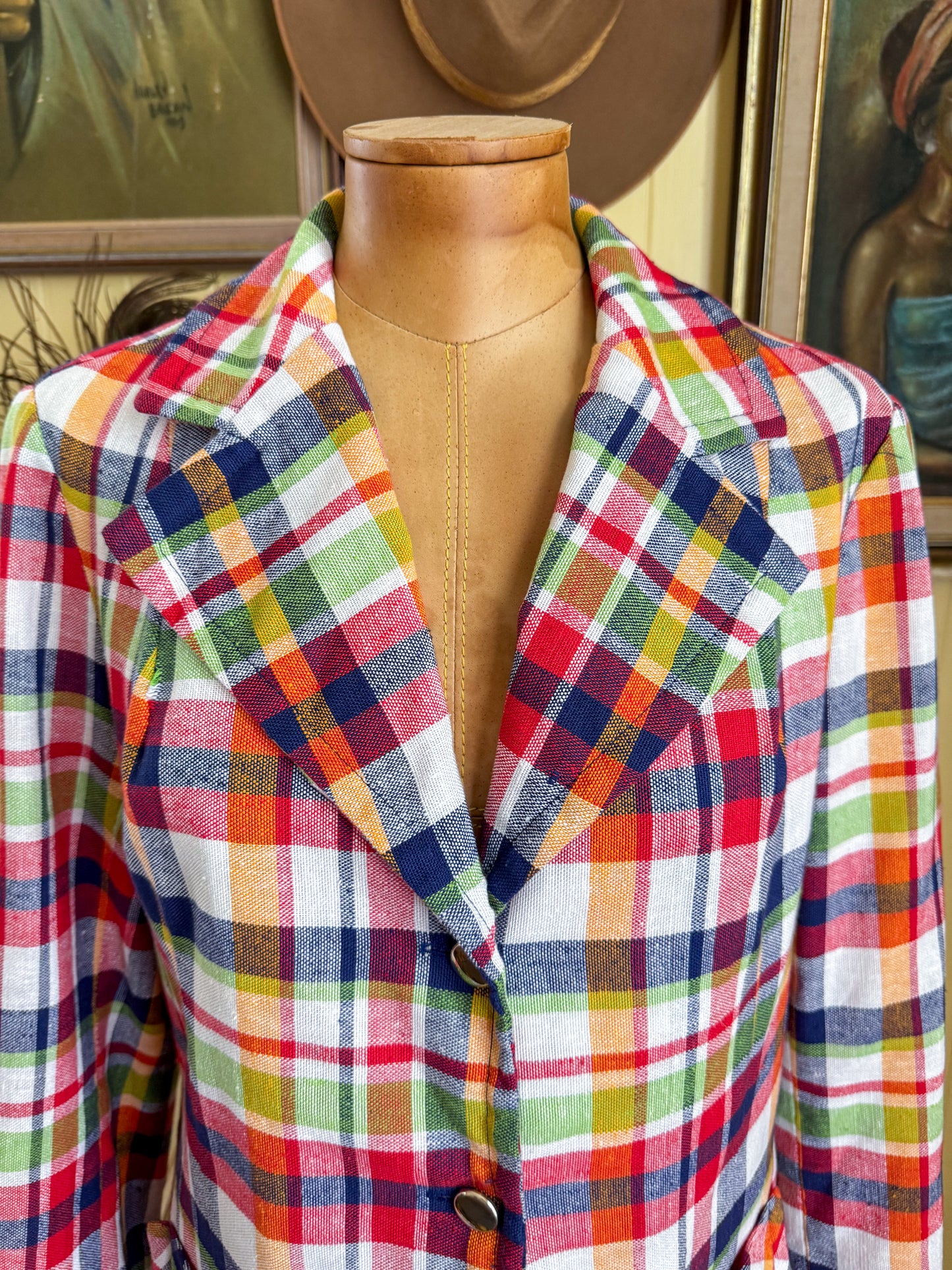 VINTAGE 1970S VIRGO COTTON PLAID DAGGER COLLAR BLAZER JACKET M