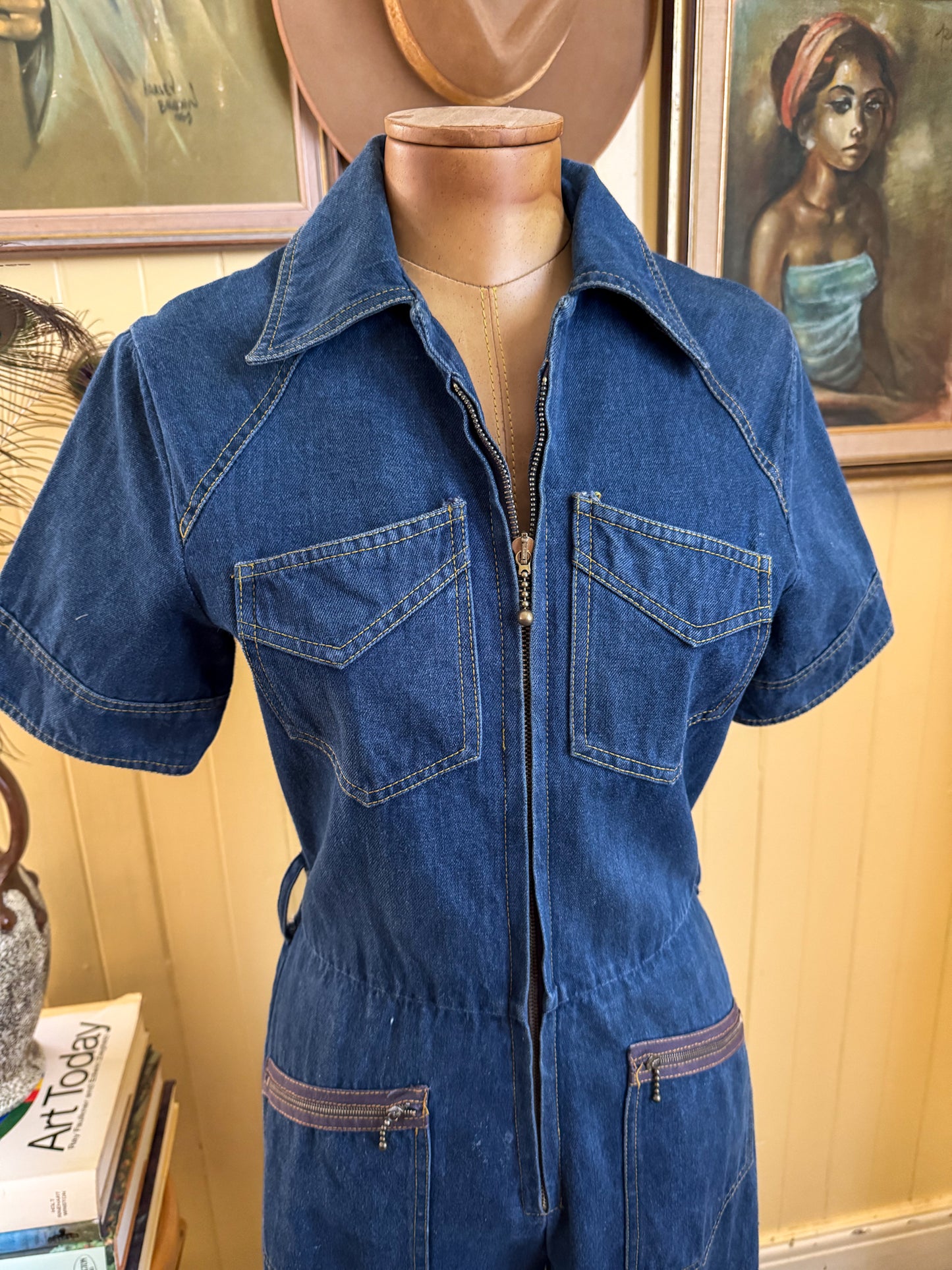 VINTAGE 1970S VADIM AUSTRALIAN COTTON DENIM WIDE LEG JUMPSUIT S/M