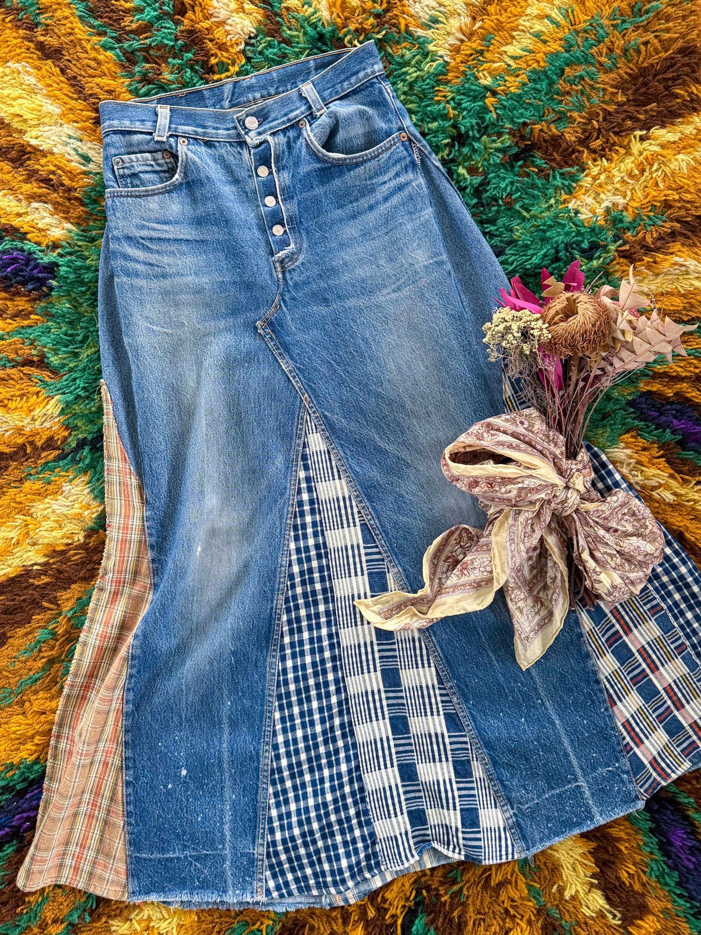 VINTAGE REWORKED LEVI’S COTTON DENIM PATCHWORK SPLICED MAXI SKIRT M