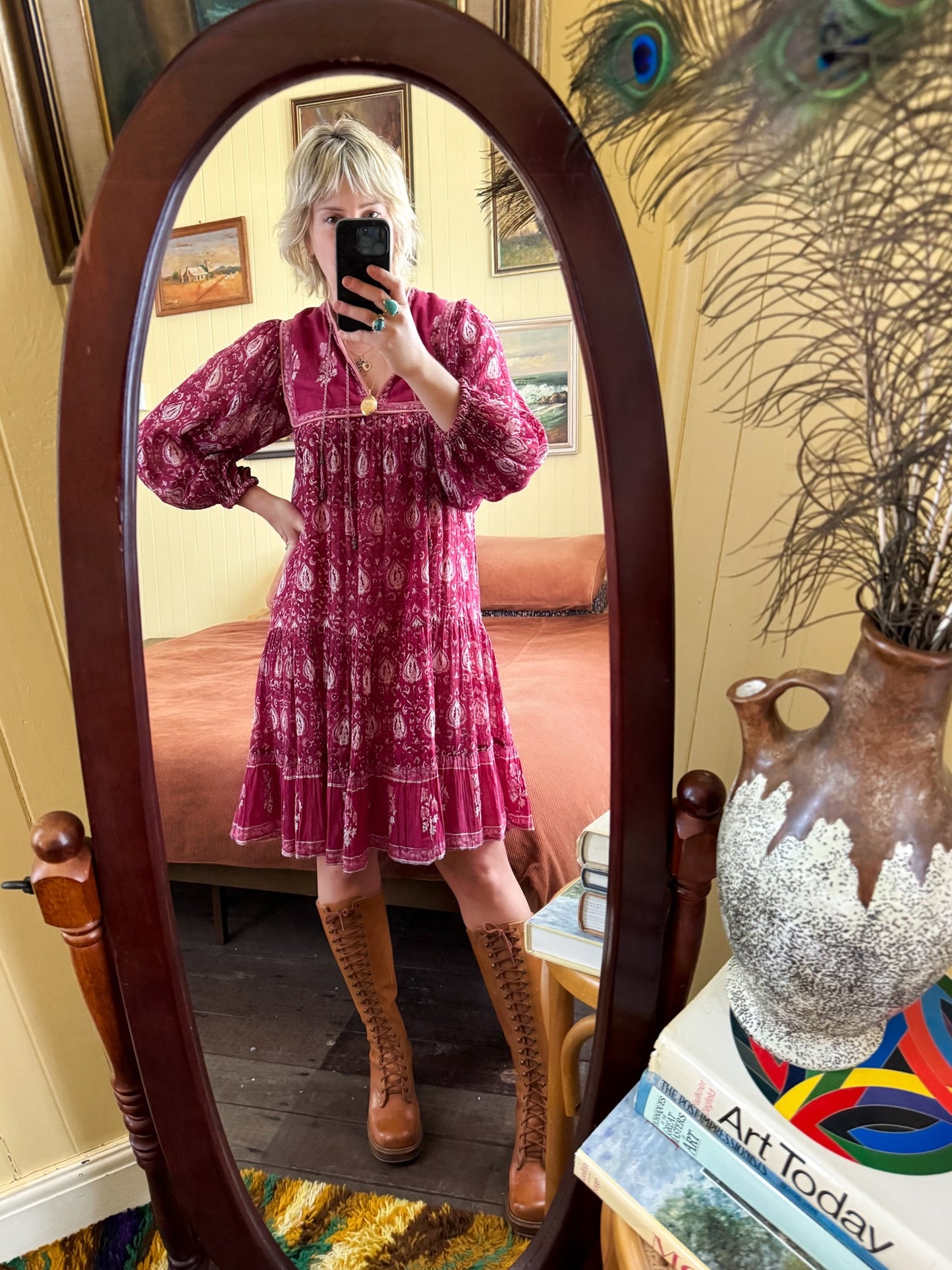 VINTAGE 1970S RARE ADINI INDIAN COTTON GAUZE MIDI DRESS S