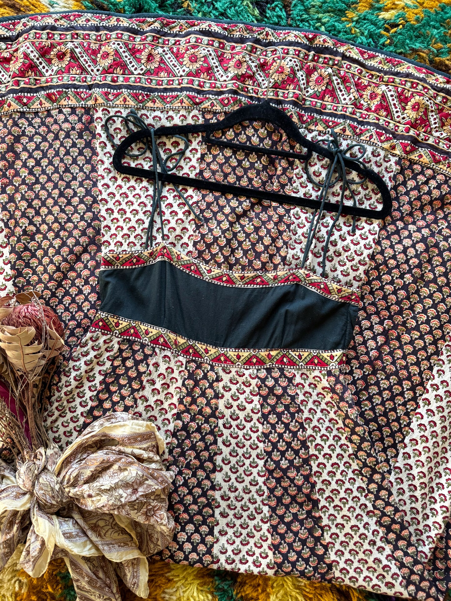 VINTAGE 1970S ANOKHI FOR MYRIAD INDIAN COTTON BLOCK PRINT STRAPPY MAXI DRESS XS