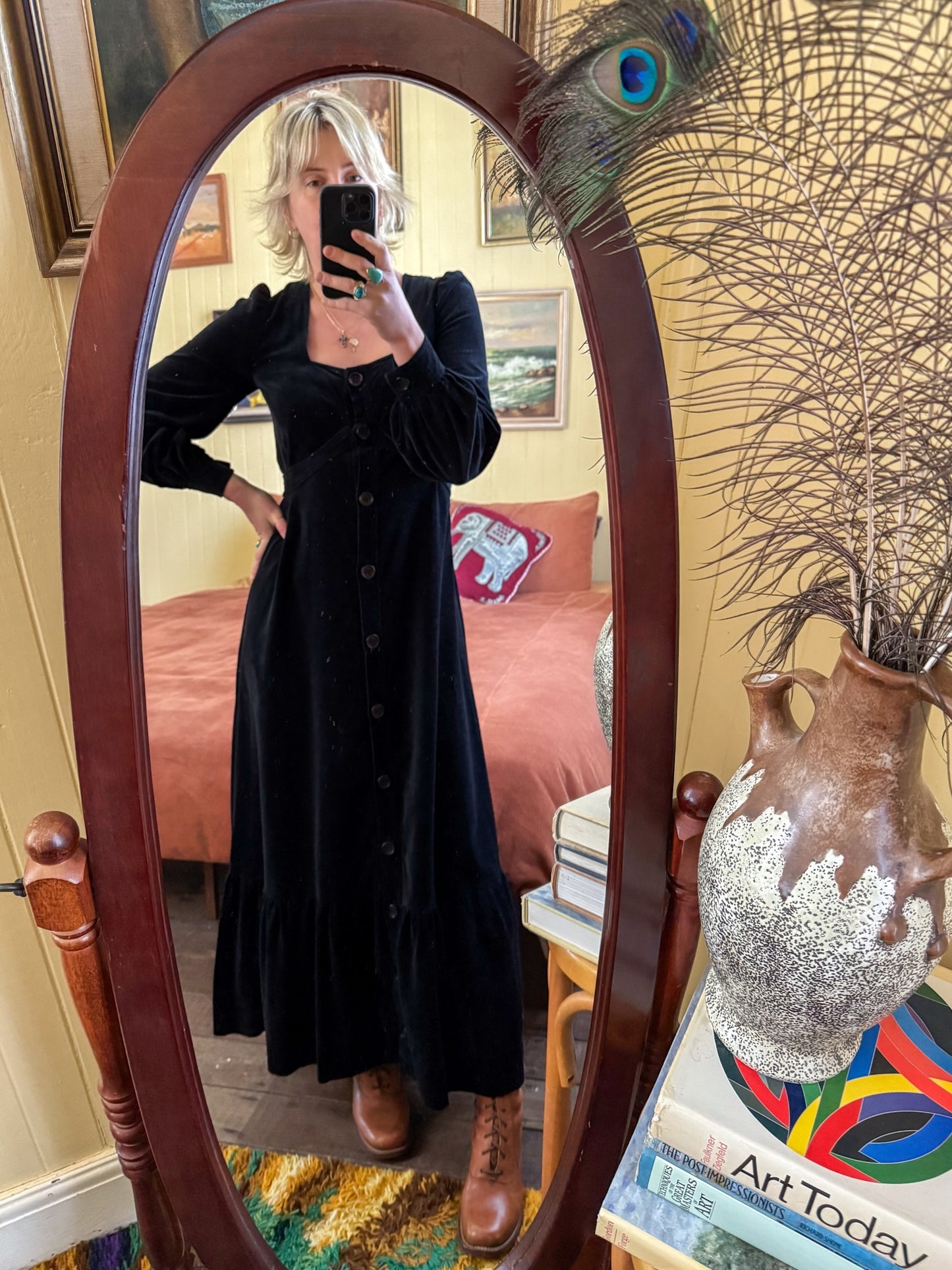 VINTAGE 1970S LIZZIE COTTON VELVET BUTTON THROUGH MAXI PEASANT DRESS S/M