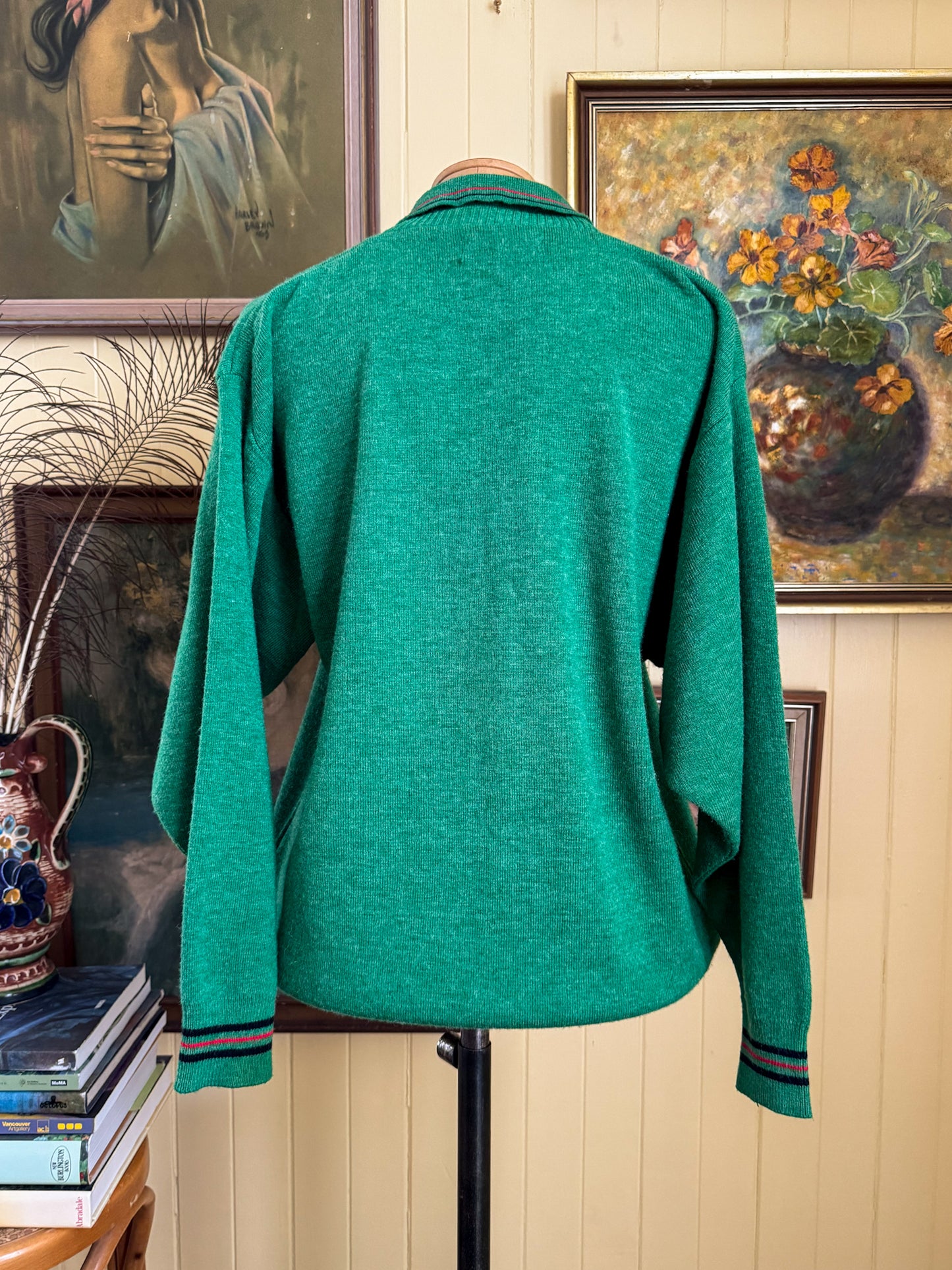 VINTAGE 1970S OSWAL ROSYWOOL SPORTSWEAR ‘VACATION’ PRINT WOOLLEN LONG SLEEVE KNIT JUMPER M