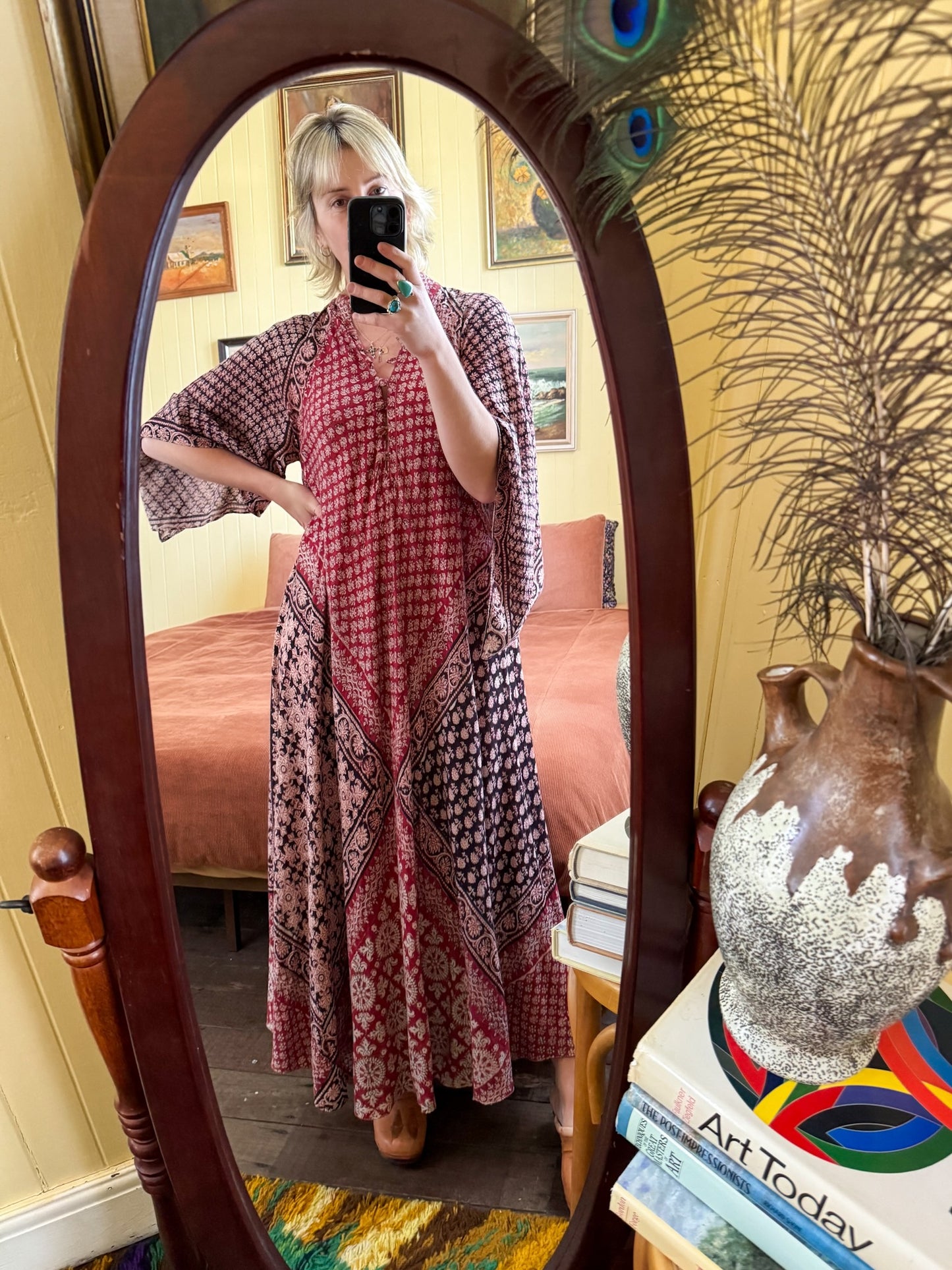 VINTAGE 1960S INDIA IMPORTS COTTON GAUZE BLOCK PRINT MAXI KAFTAN DRESS ONE SIZE