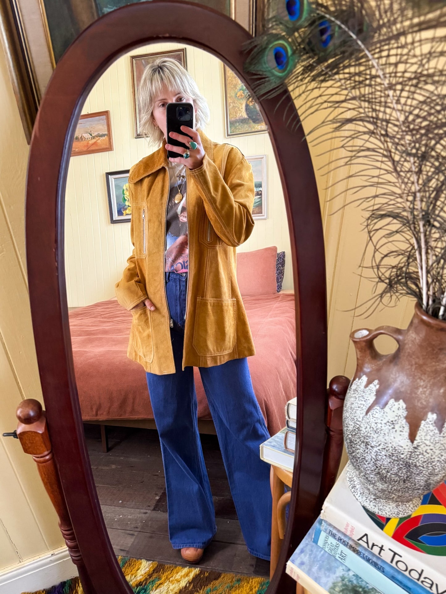 VINTAGE 1970S RAGE MUSTARD SUEDE LEATHER OVERSIZED COLLAR TAILORED JACKET L