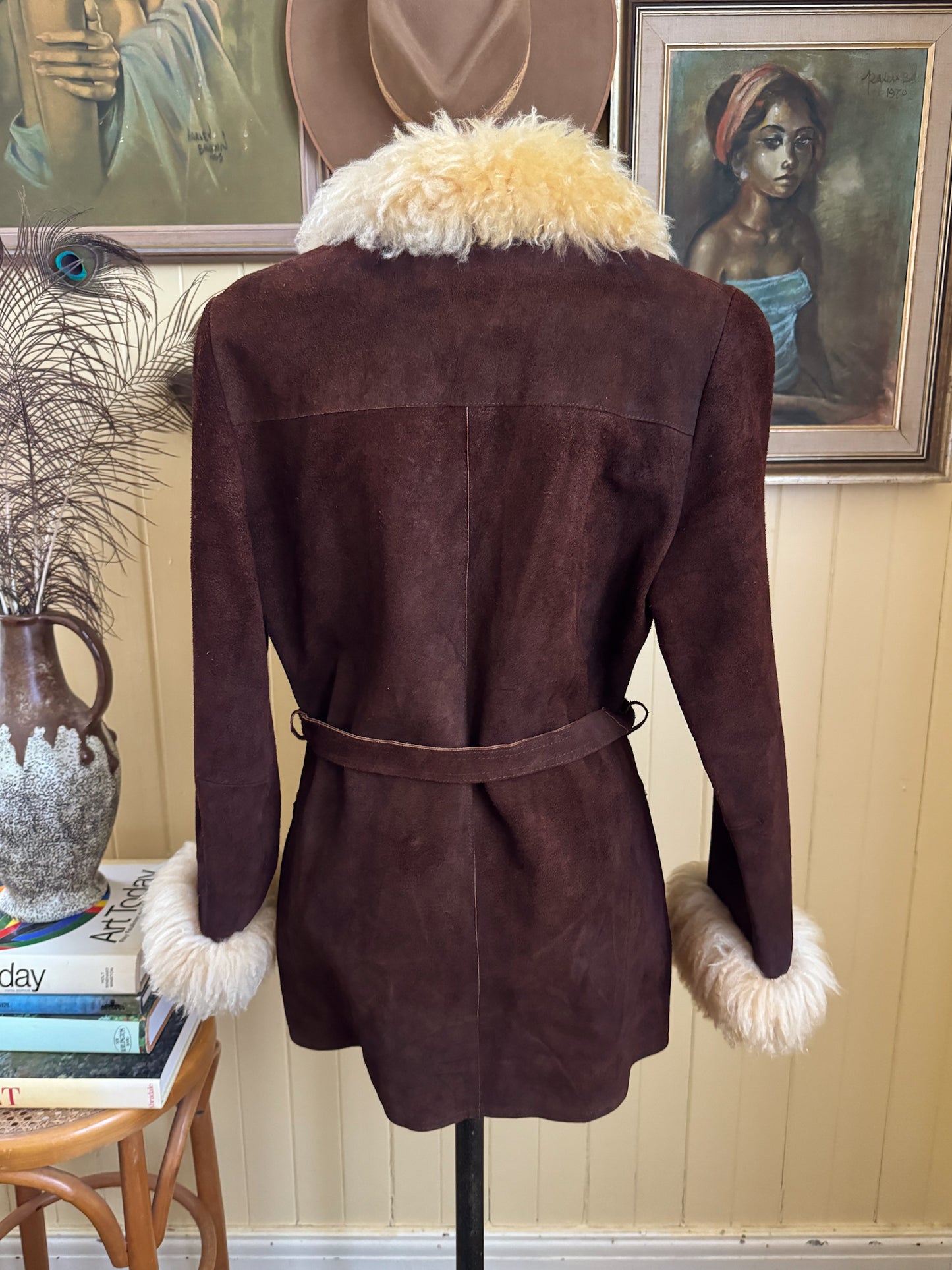 VINTAGE 1970S MCPHAIL + FISHER NZ SUEDE LEATHER SHEARLING PENNY LANE WRAP JACKET S/M