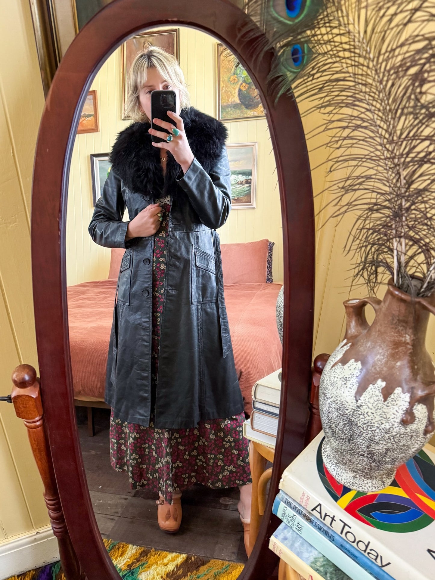 VINTAGE 1970S BLACK LEATHER PENNY LANE LONG SHEARLING COAT S