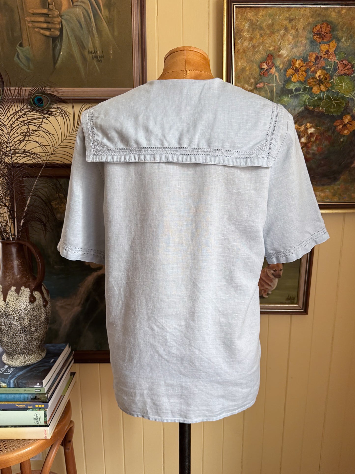 VINTAGE 1990S LAURA ASHLEY LINEN EMBROIDERED SAILOR COLLAR BLOUSE S/M