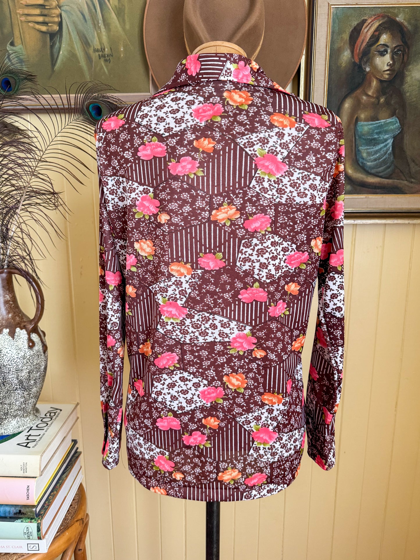 VINTAGE 1970S KOREAN LUCKY PIERRE FLORAL PRINT POLY BODY SHIRT M