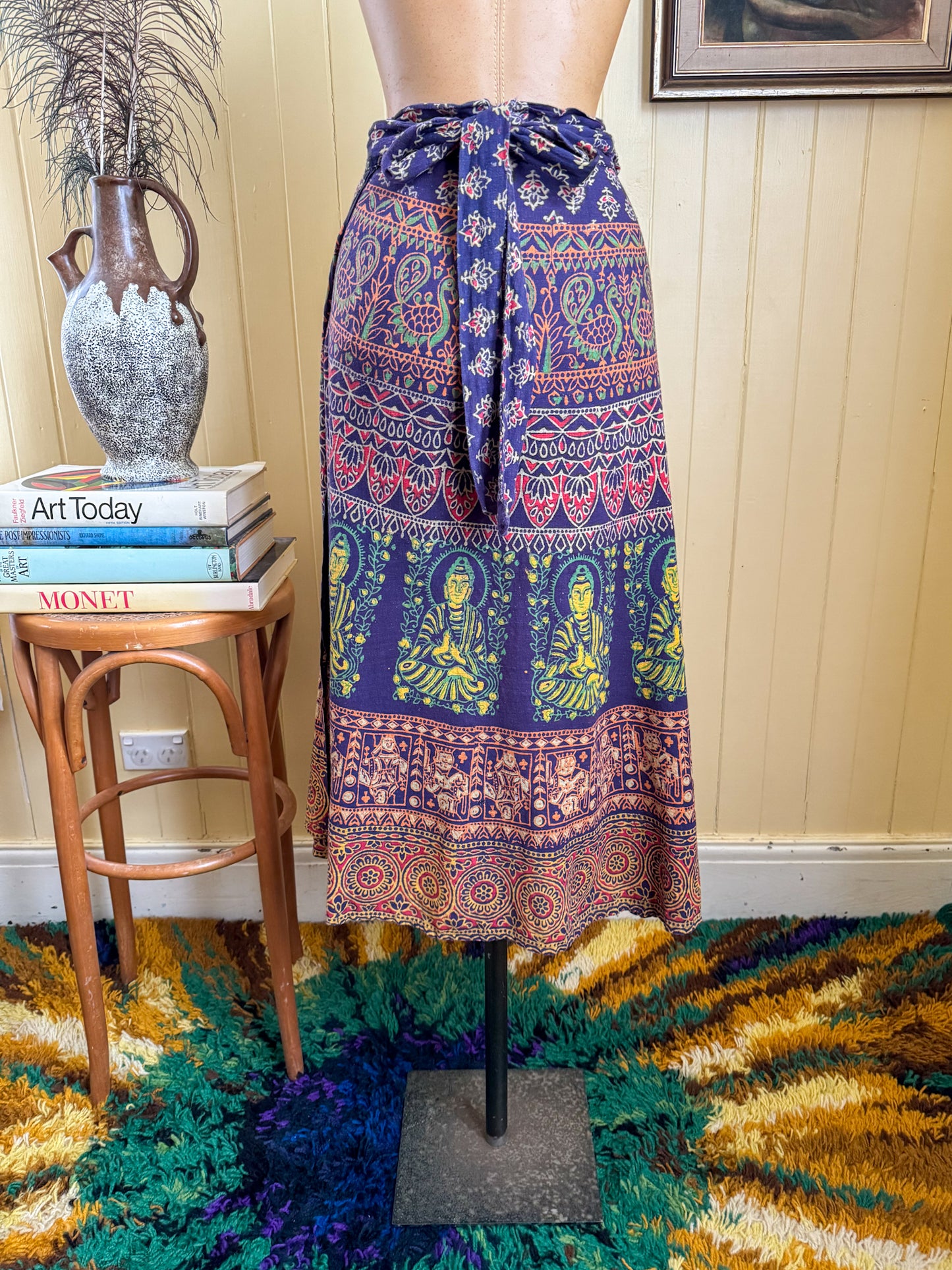 VINTAGE 1990S INDIAN COTTON BLOCK PRINT WRAP MIDI SKIRT S/M