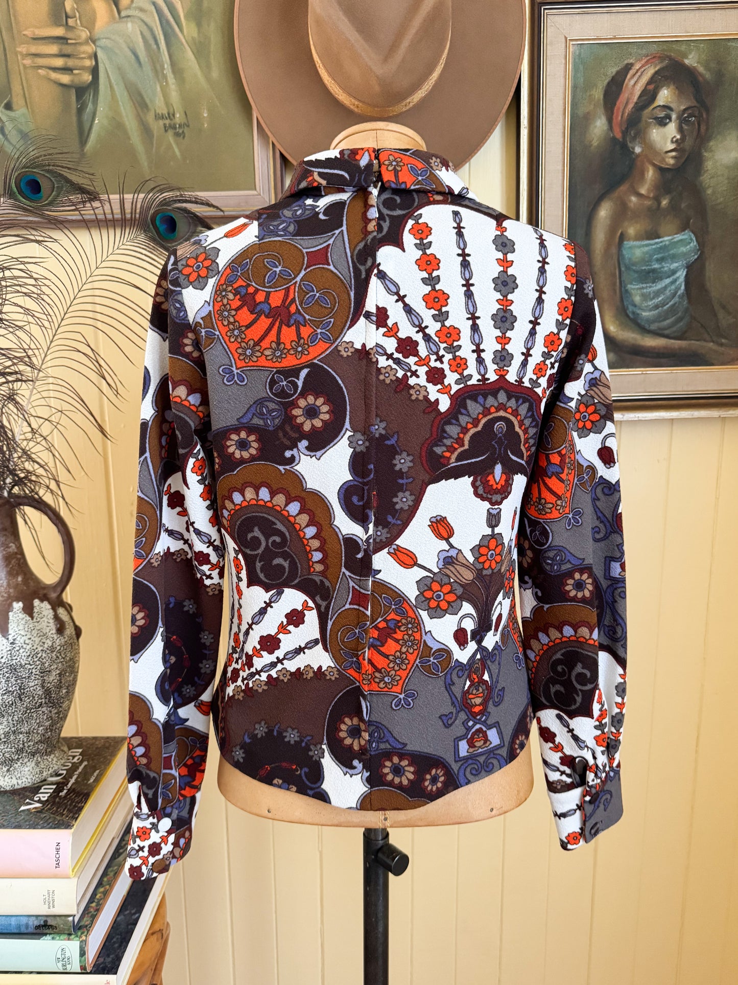 VINTAGE 1970S J BY JAYS POLY PSYCHEDELIC PRINT COLLARED TOP S