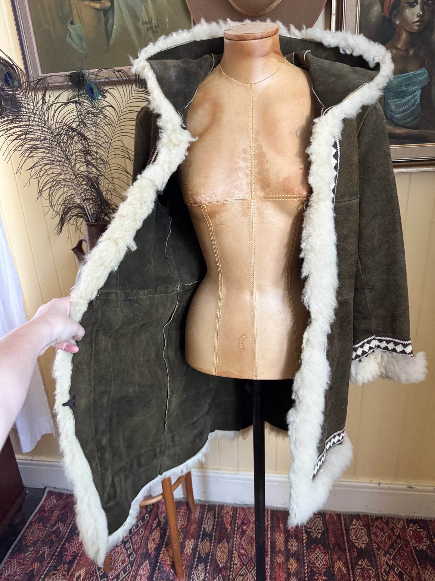 1970S PENNY LANE KHAKI SUEDE LEATHER HOODED SHEARLING LONG COAT S