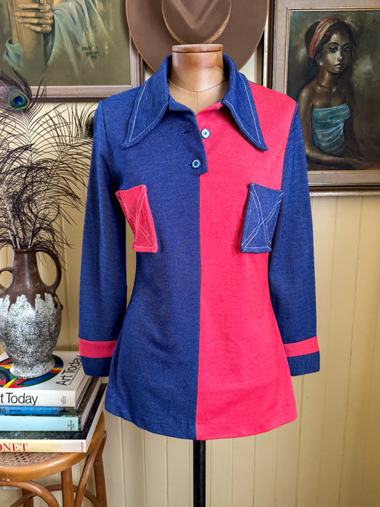 VINTAGE 1960S JULIAN HAYE COLOUR BLOCK COLLARED TUNIC TOP S