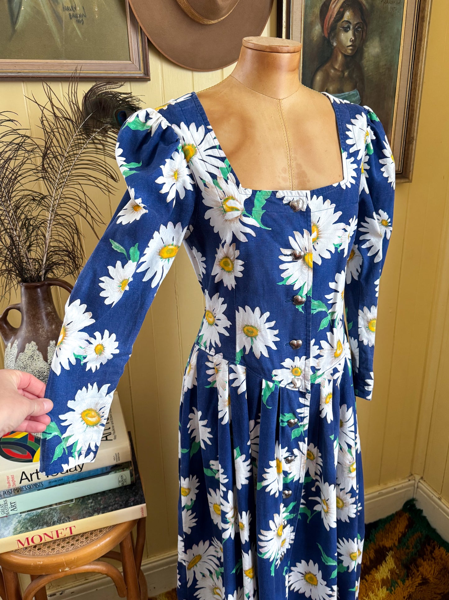 VINTAGE 1980S ASTRID PRIOR DAISY FLORAL PRINT PRAIRIE DRESS M