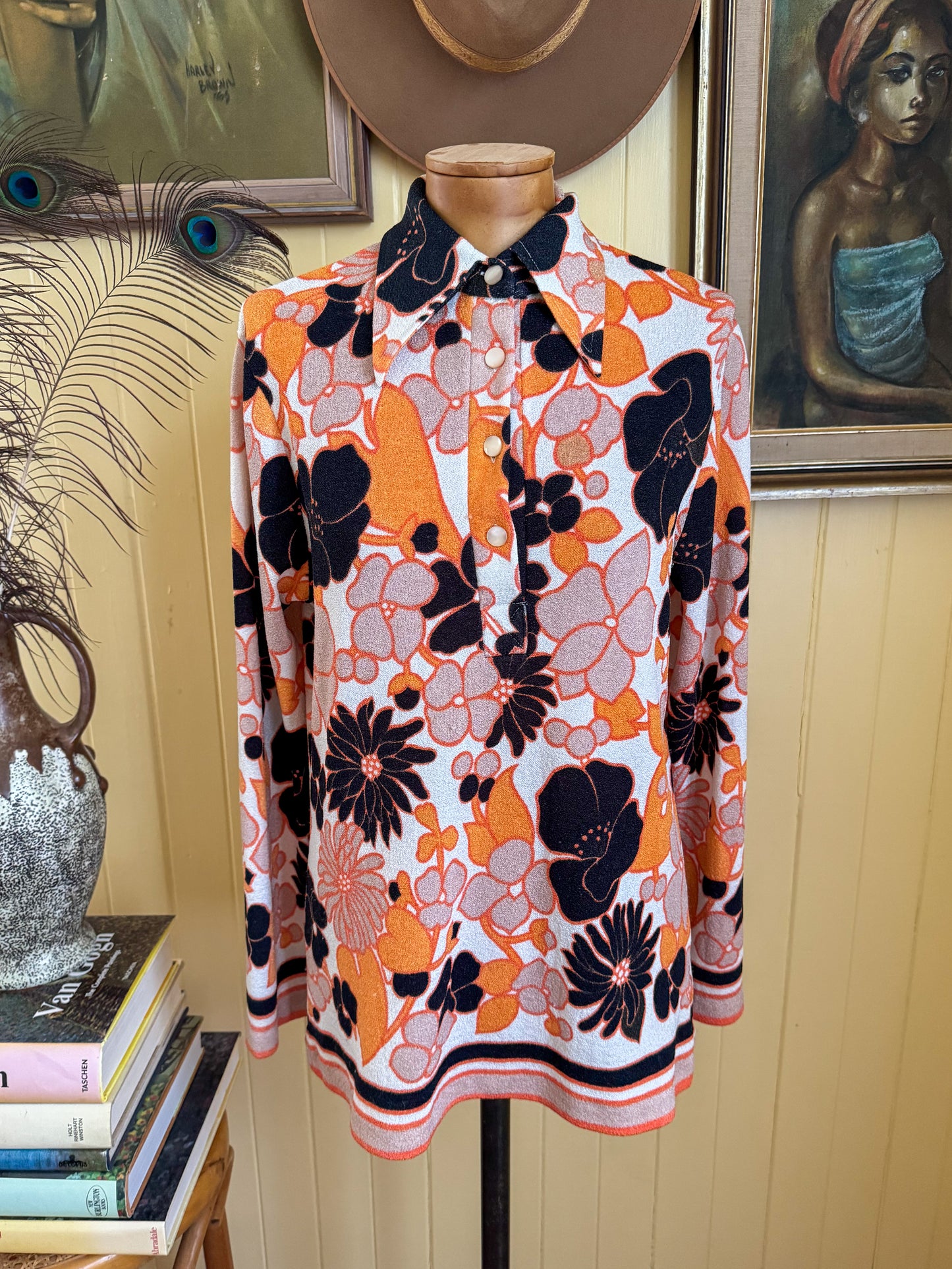 VINTAGE 1970S DOMONY PSYCHEDELIC PRINT COLLARED TUNIC TOP M/L