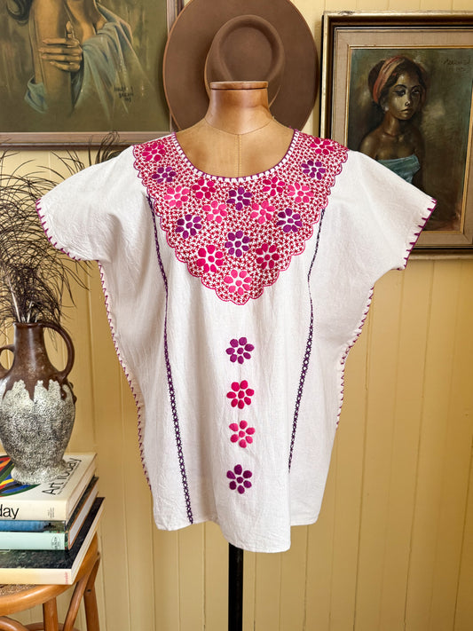 HANDMADE MEXICAN NATURAL COTTON EMBROIDERED HUIPIL TOP L/XL