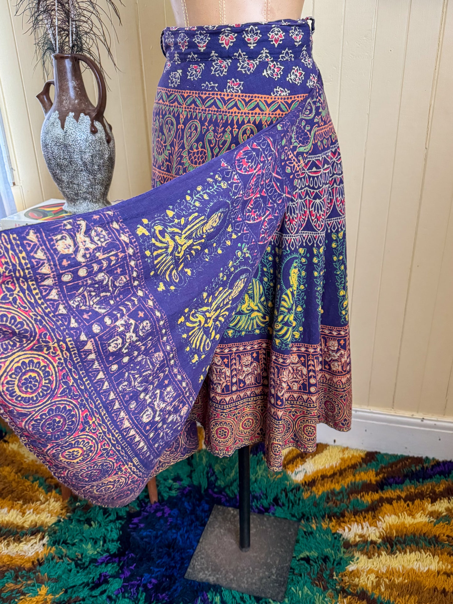 VINTAGE 1990S INDIAN COTTON BLOCK PRINT WRAP MIDI SKIRT S/M