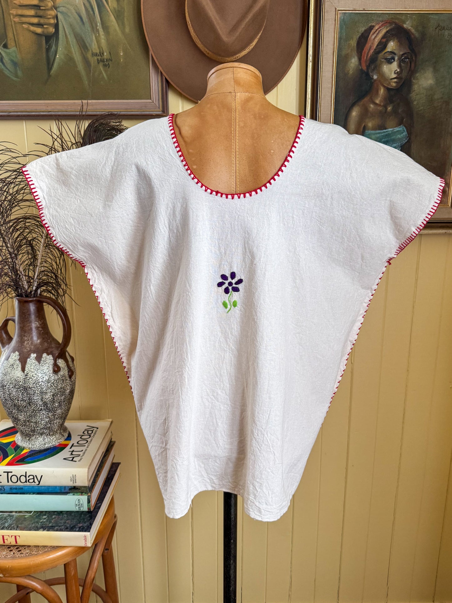 HANDMADE MEXICAN NATURAL COTTON EMBROIDERED HUIPIL TOP L/XL