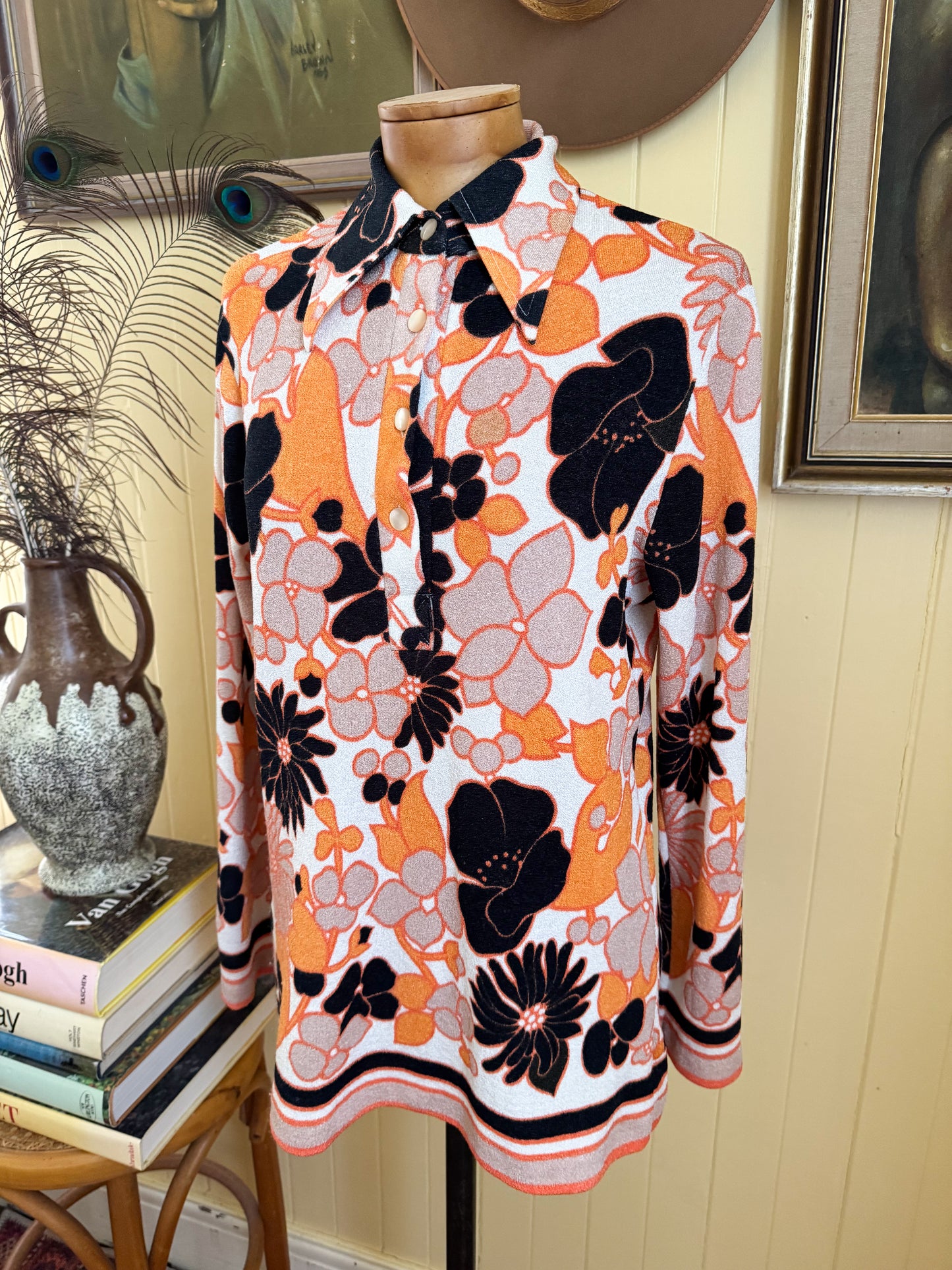 VINTAGE 1970S DOMONY PSYCHEDELIC PRINT COLLARED TUNIC TOP M/L