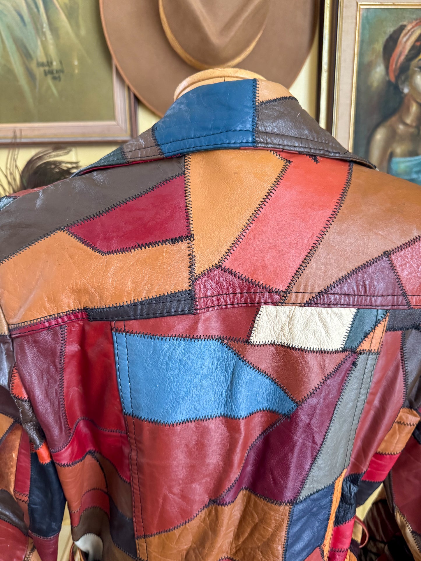 VINTAGE 1970S KOREAN PATCHWORK LEATHER SAFARI BELTED JACKET M