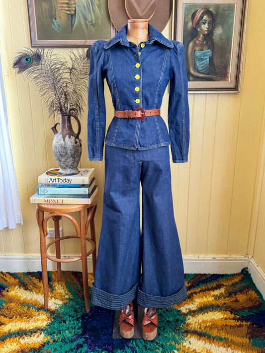 VINTAGE 1970S BILLY PLUNKETT DENIM JACKET AND FLARED JEANS SET XS