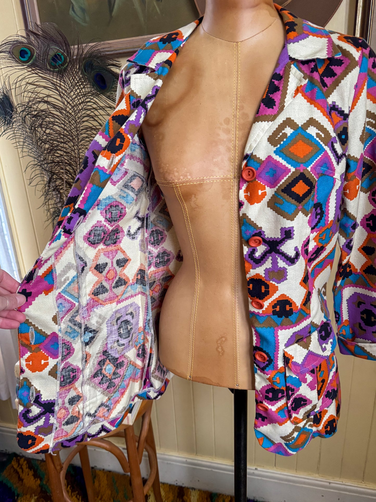 VINTAGE 1970S PSYCHEDELIC GEOMETRIC PRINT FITTED JACKET S