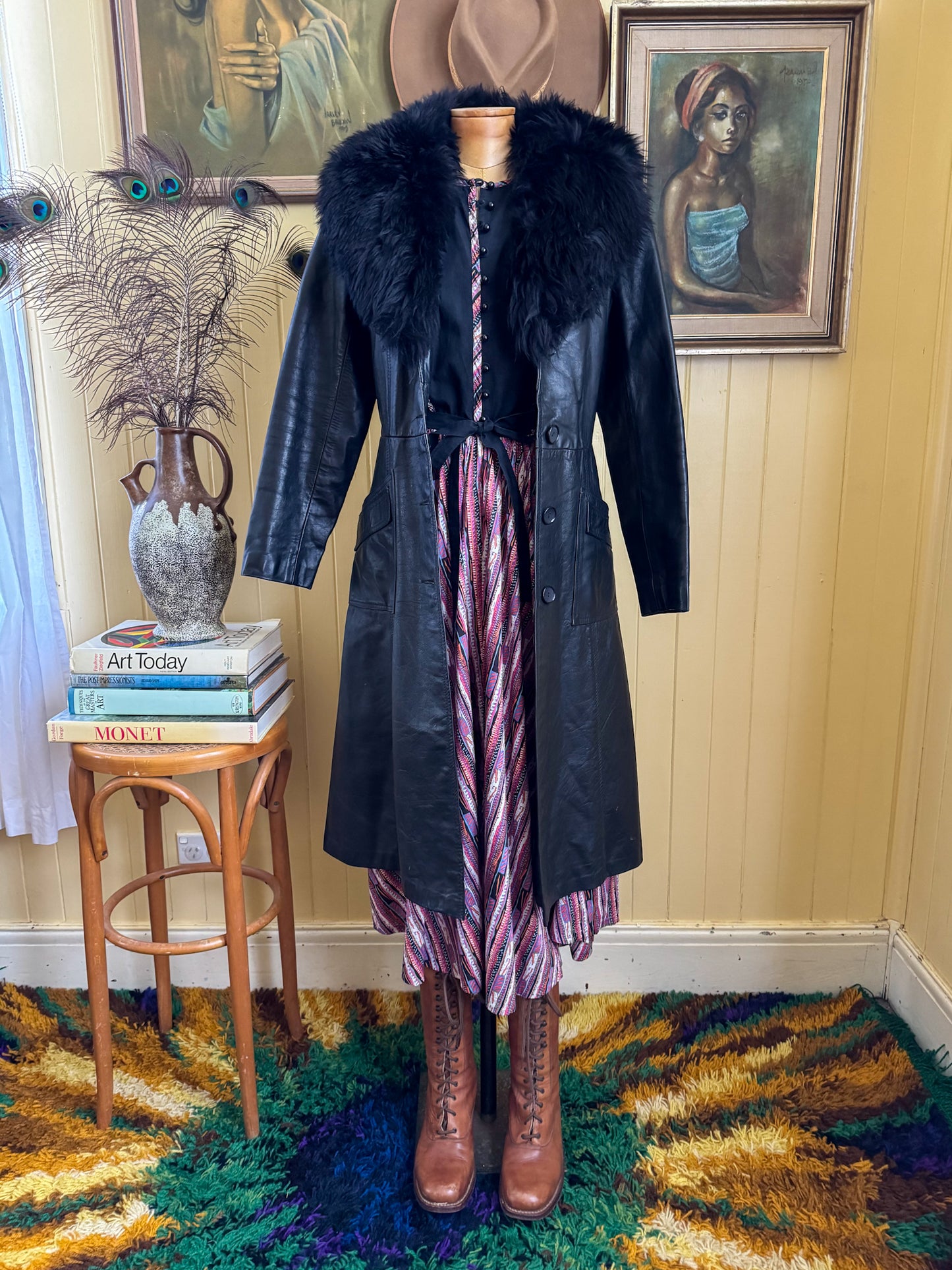 VINTAGE 1970S BLACK LEATHER PENNY LANE LONG SHEARLING COAT S